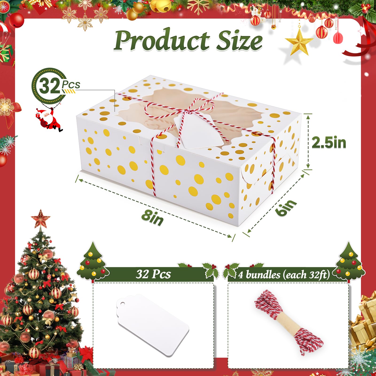DOYIDE 32Pcs 8x6x2.5 in White Christmas Cookie Boxes with Window - Perfect for Gifts, Treats, Desserts, Pastries