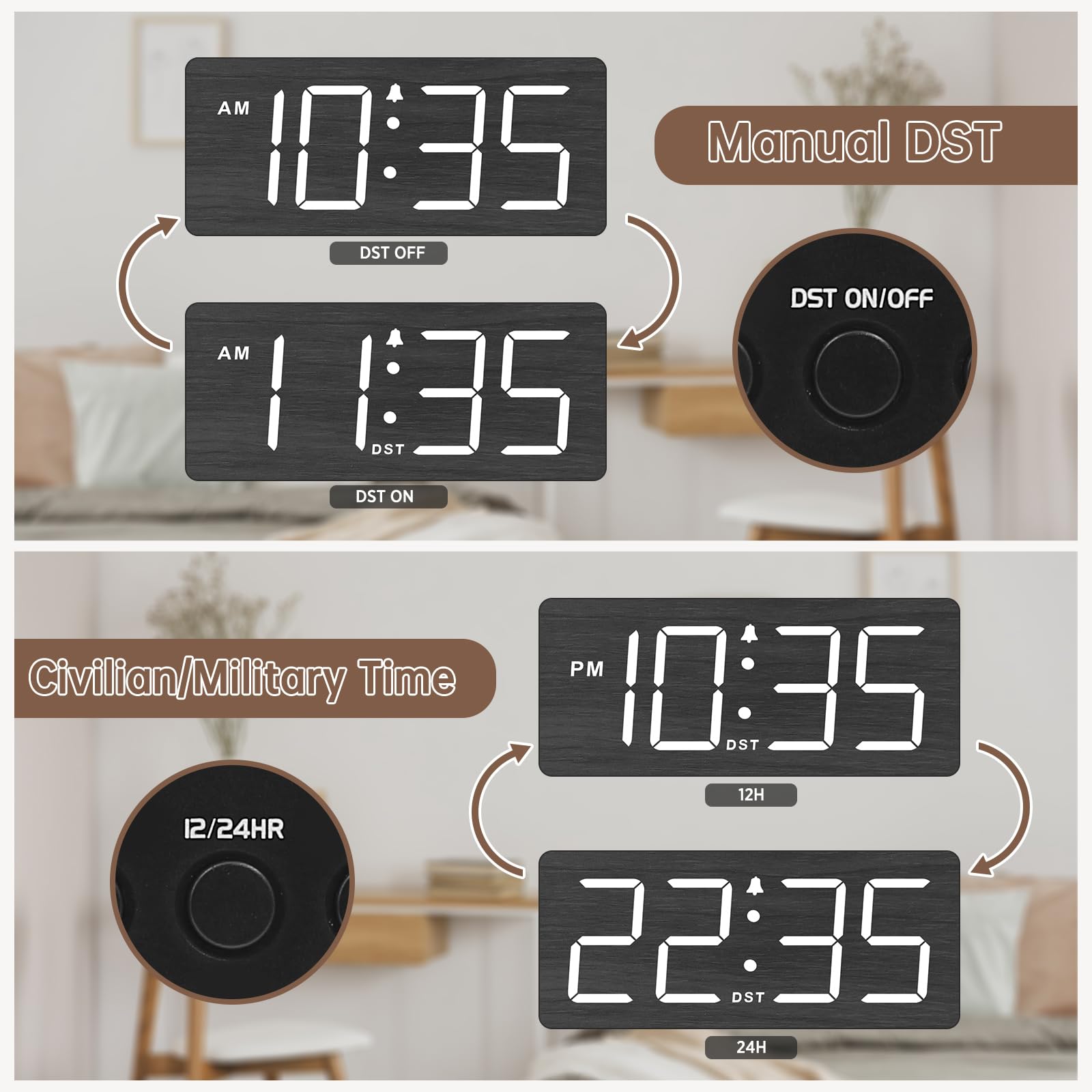 DreamSky Wooden Digital Alarm Clock for Bedroom - Loud Alarm Clock for Heavy Sleepers with Volume Control, Desk Clocks for Livin