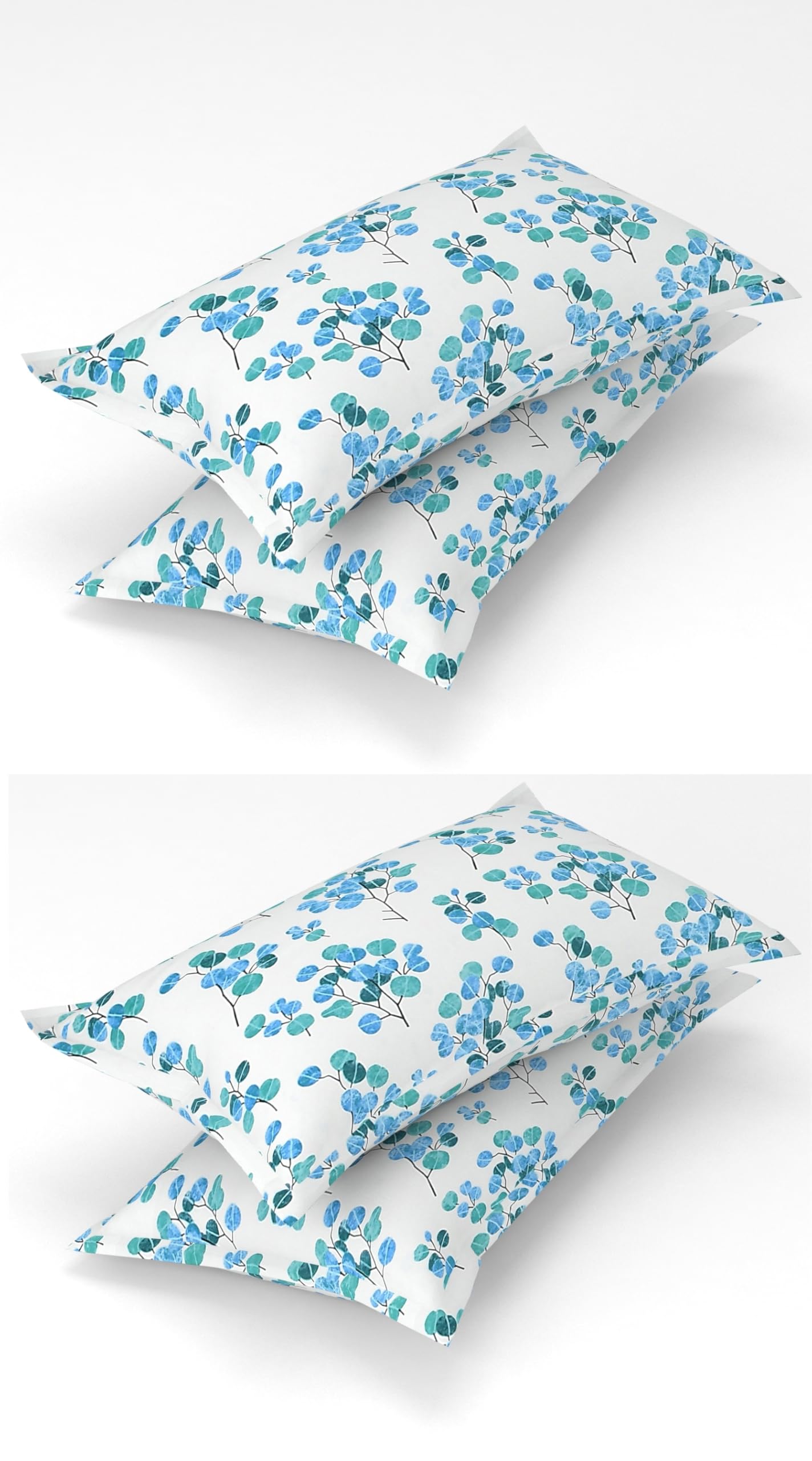Homefab India 4 Piece Printed Glace Cotton Pillow Covers - White, Auqa, Floral