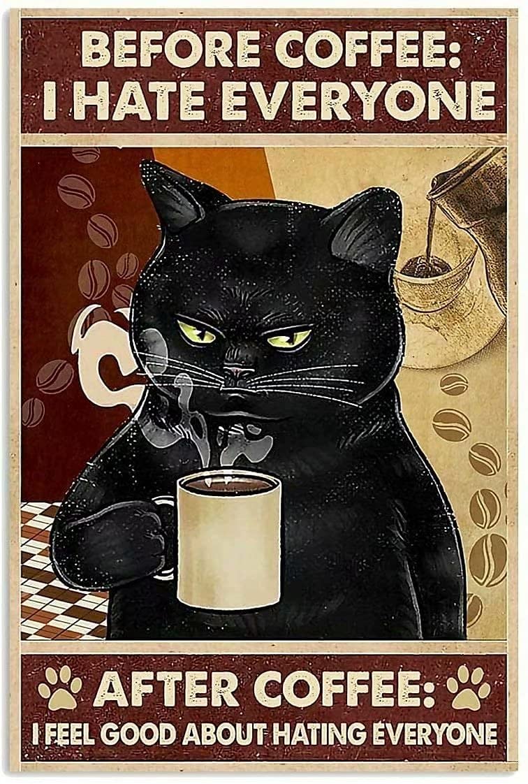 Black Cat Metal Poster Before Coffee I Hate Everyone Afeter Coffee I Feel Good About Hating Everyone Funny Kitty Tin Signs Cafe