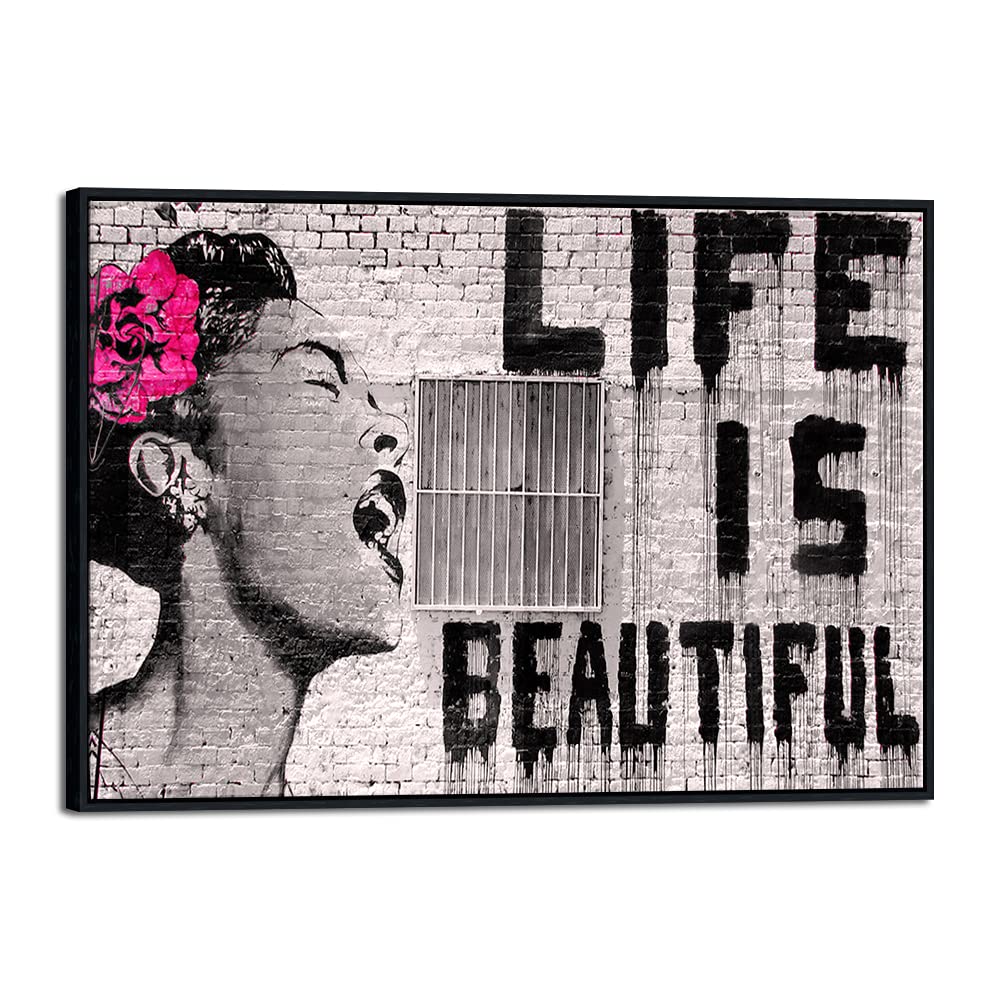 Pyradecor Black Framed Large Banksy Life Is Beautiful Artwork Modern Grey Love Pictures Paintings Canvas Wall Art For Bedroom Li