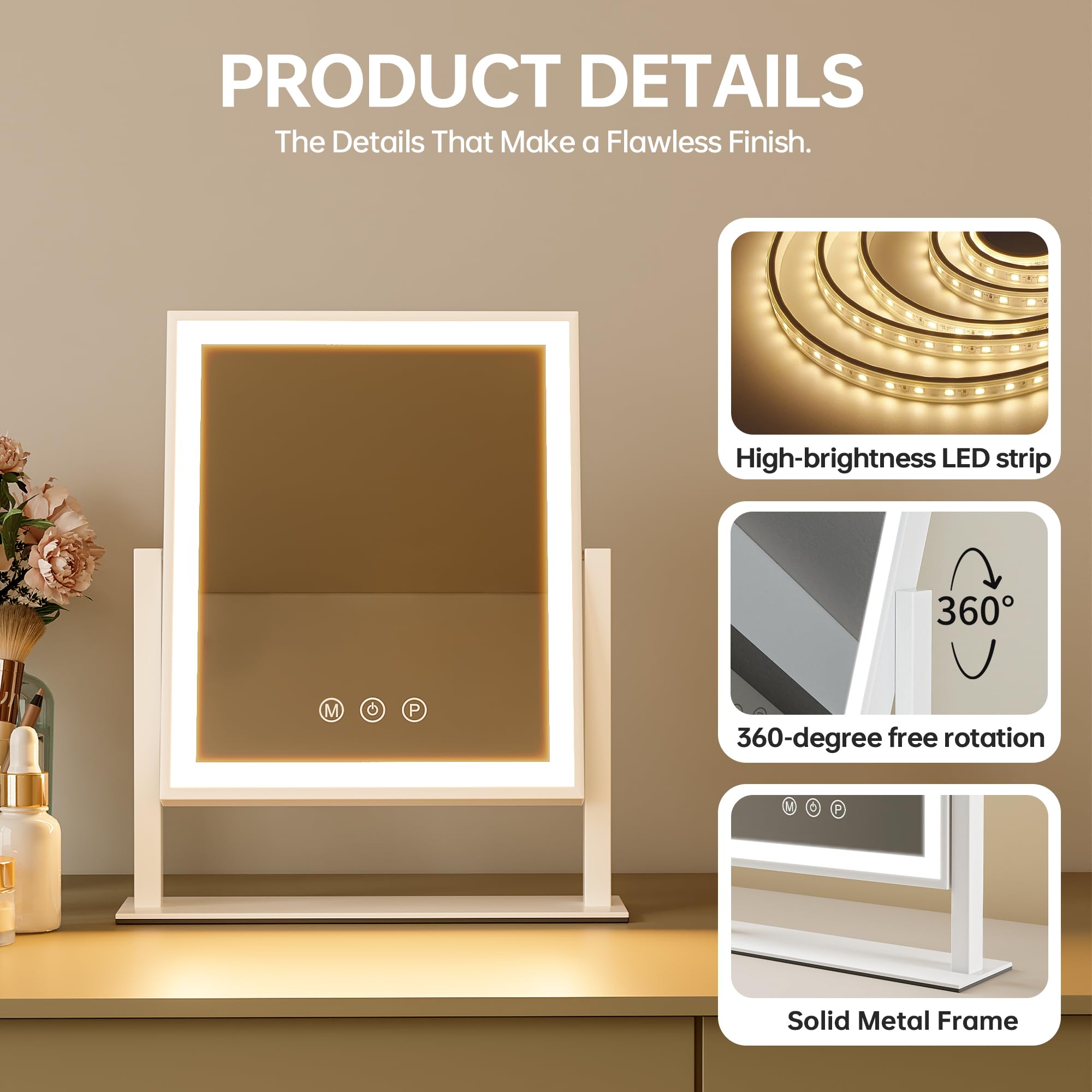 SSTBLEV Vanity Mirror with Lights, 3-Color Dimmable & Adjustable Lighted Makeup Mirror with Smart Touch and 360 Rotation