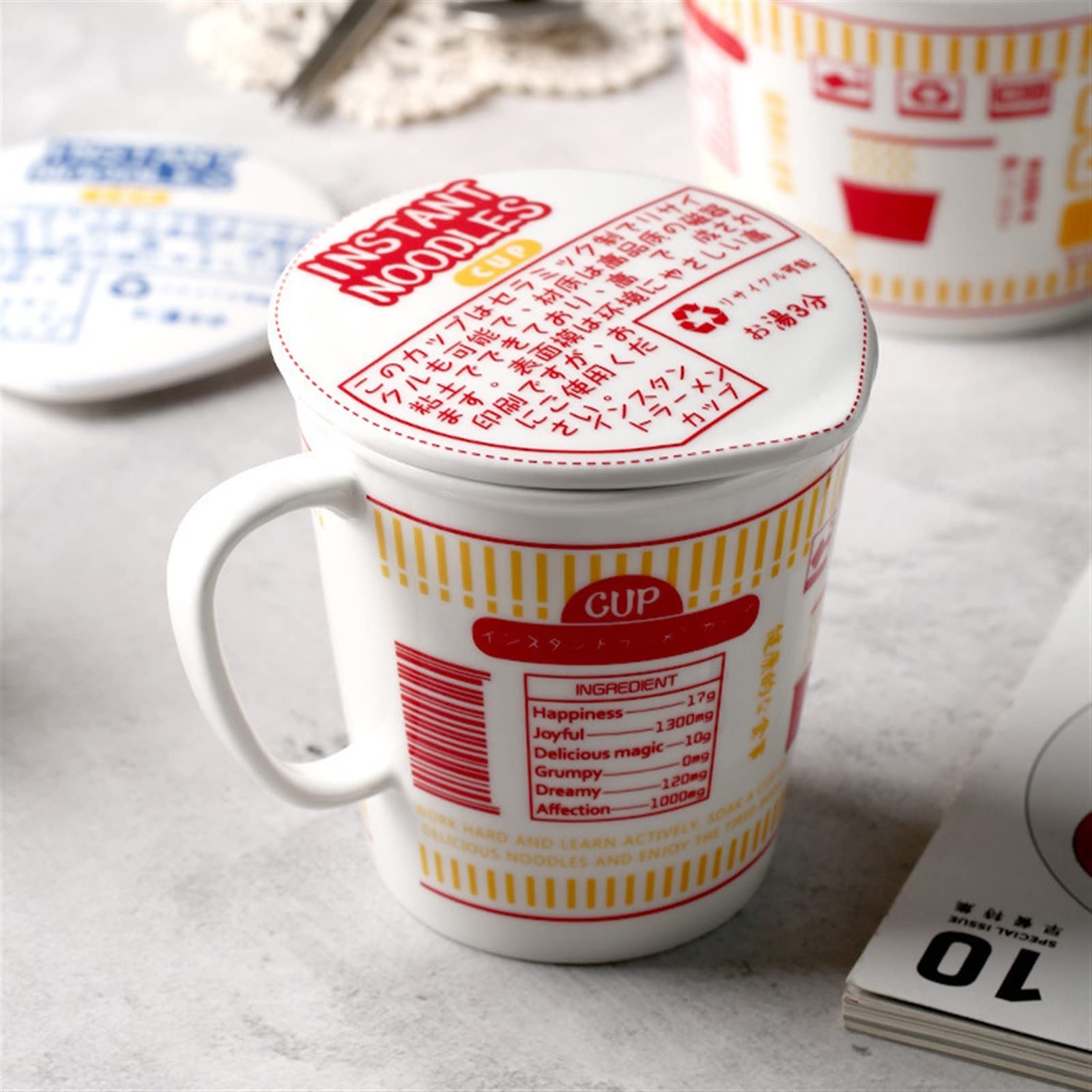 Hanghaijia Instant Noodle Bowl Ceramic With Cover, Creative Ramen Soup Bowl Mug Cover Student Lunch Box Bowl (Color : Red, Size