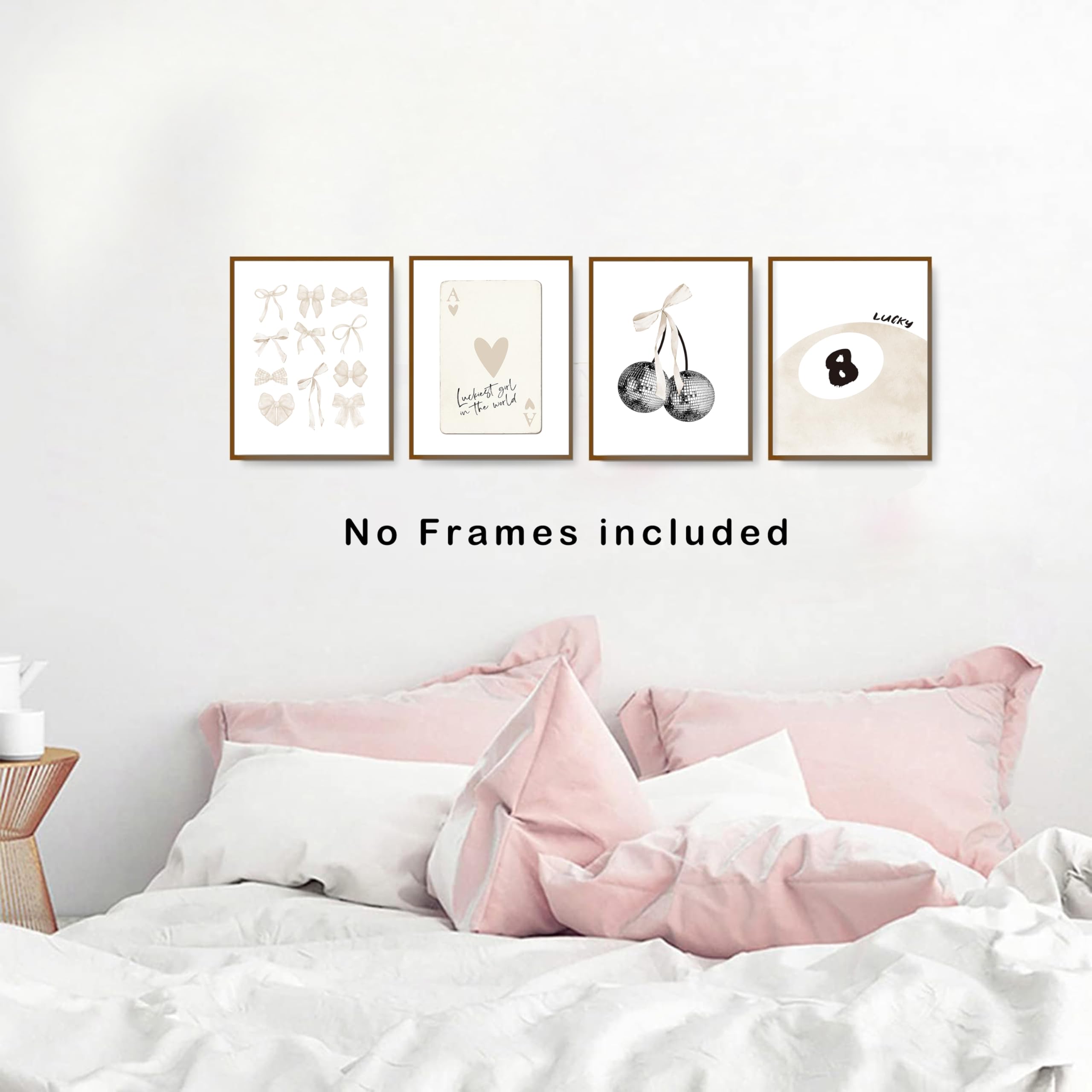 Okaxscm Beige Coquette Trendy Preppy Wall Art Prints Set Of 4, Coquette Room Decor, Preppy Room Decor Aesthetic, Beige Bow Disco