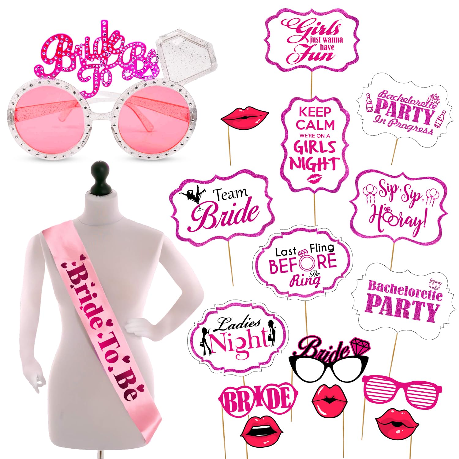 Zyozique  Bachelorette & Bridal Shower Party Decorations Kit, Bachelorette Party Set  Bride to Be Sash, Eyeglass & Photo Booth 