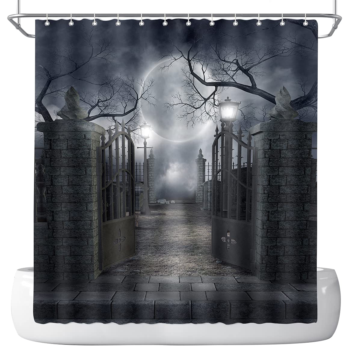 Dephoto Halloween Shower Curtain For Bathroom Scary Night Courtyard Door Spooky Moon Horrifying Dead Tree Street Lamp Poliester