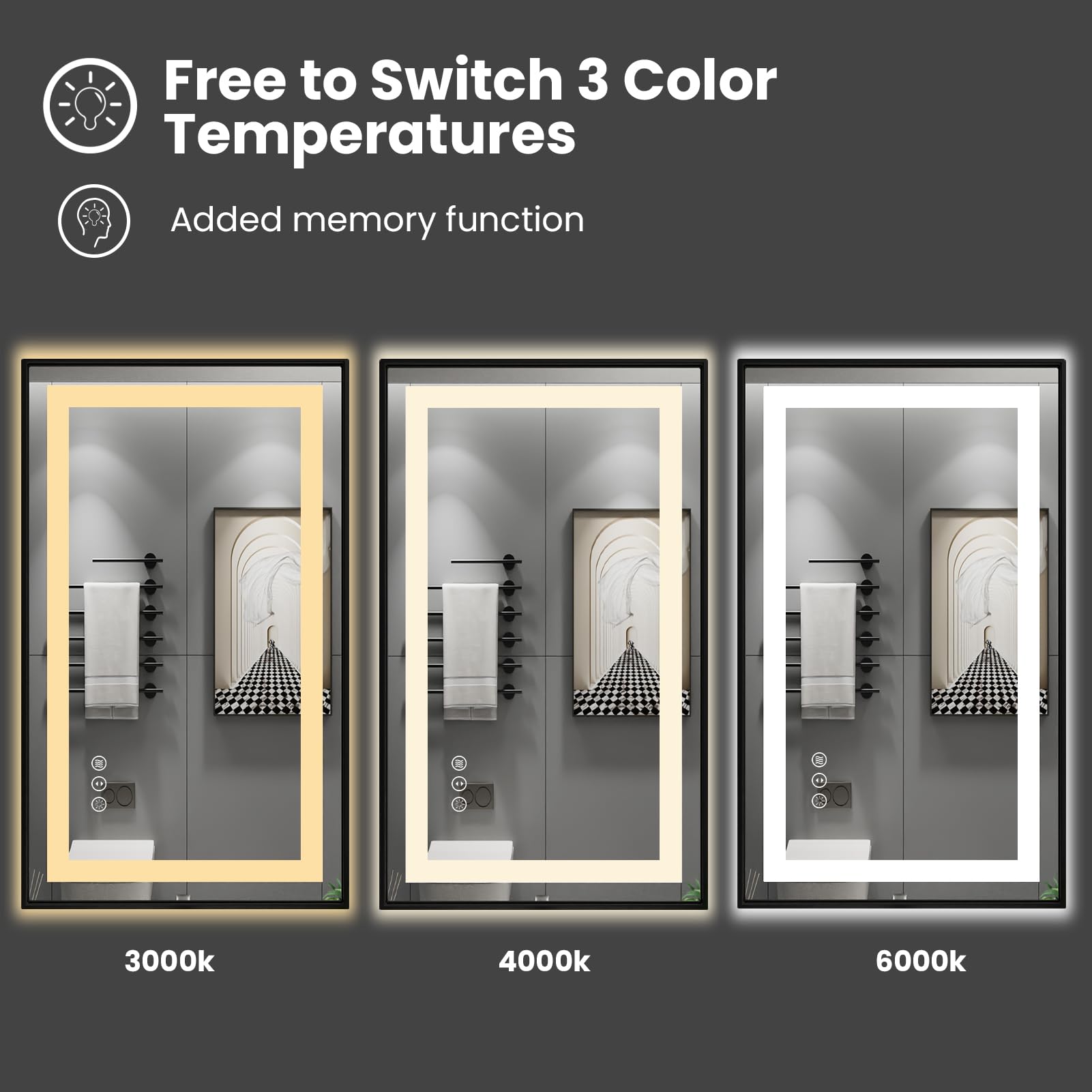 Amorho 60''X 36'' Led Bathroom Mirror Framed, Front Light And Backlit, Stepless Dimmable, Anti-Fog, Shatter-Proof, Memory, 3 Col