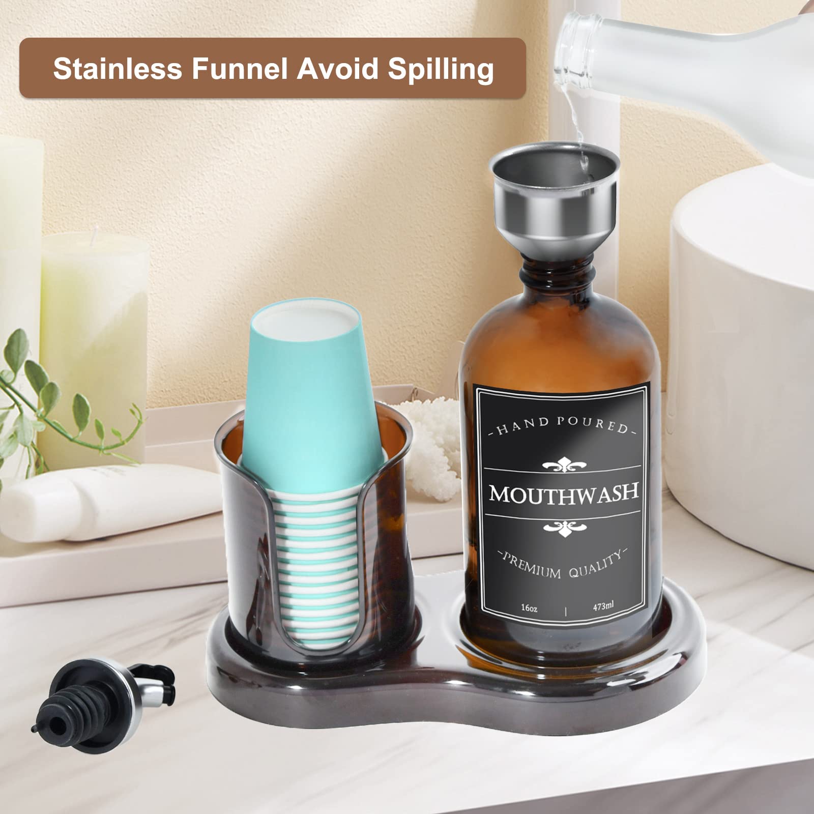 Amber Glass Mouthwash Dispenser With Cup Holder For Bathroom, 16Oz Refillable Mouthwash Bottles Container With Tray, Funnel And