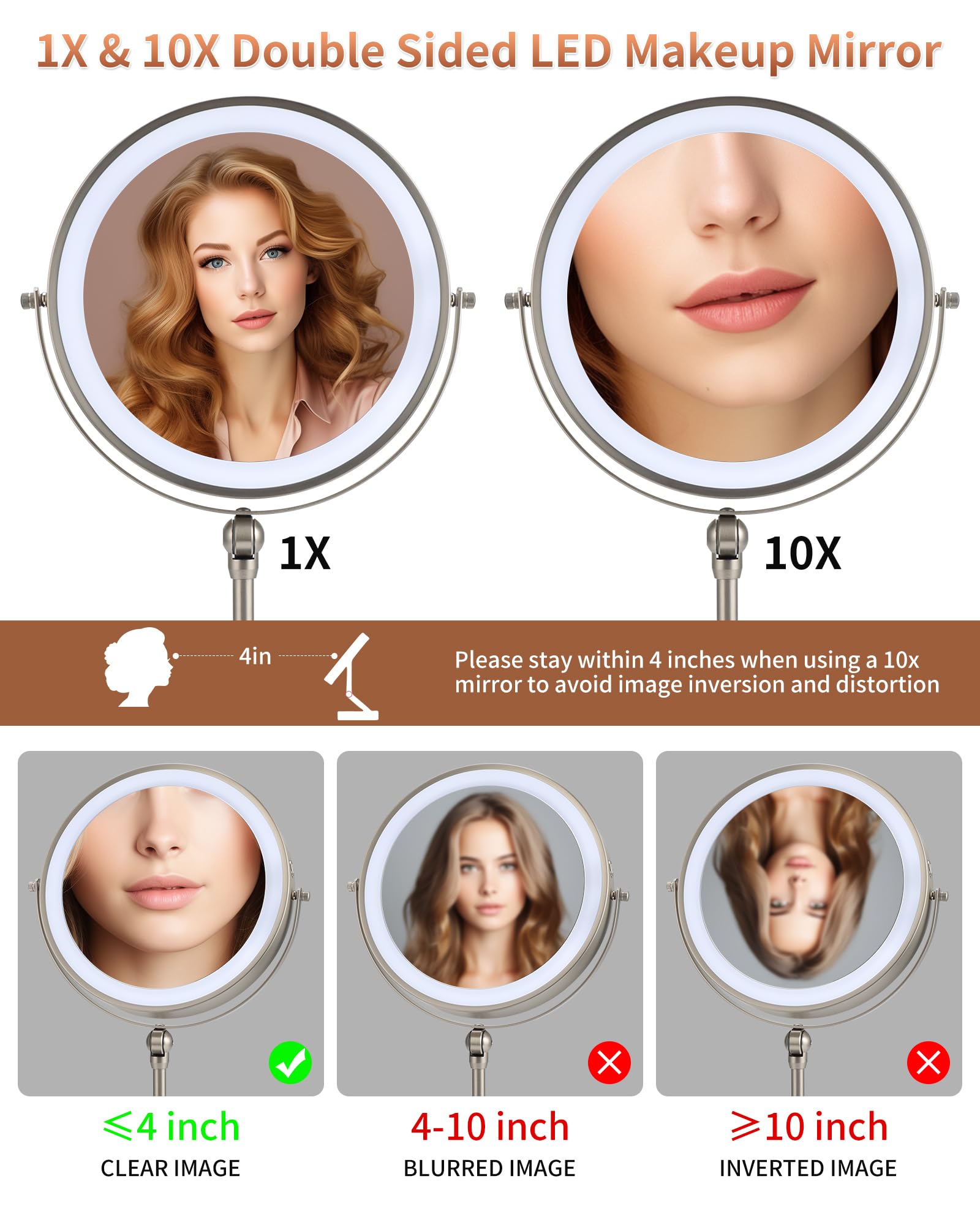 9'' Lighted Makeup Mirror,1X/10X Magnifying Vanity Mirror With Height & Brightness Adjustable,Rechargable Makeup Mirror,360Rotat