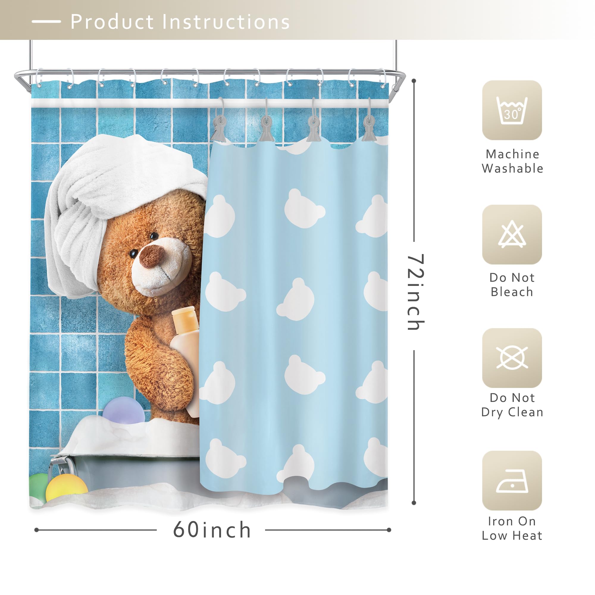 Riyidecor Funny Bear Shower Curtain 60Wx72H Inch Kids Cute Cartoon Blue Bathing Animal In Bathtub Bubbles Lovely Modern For Boys