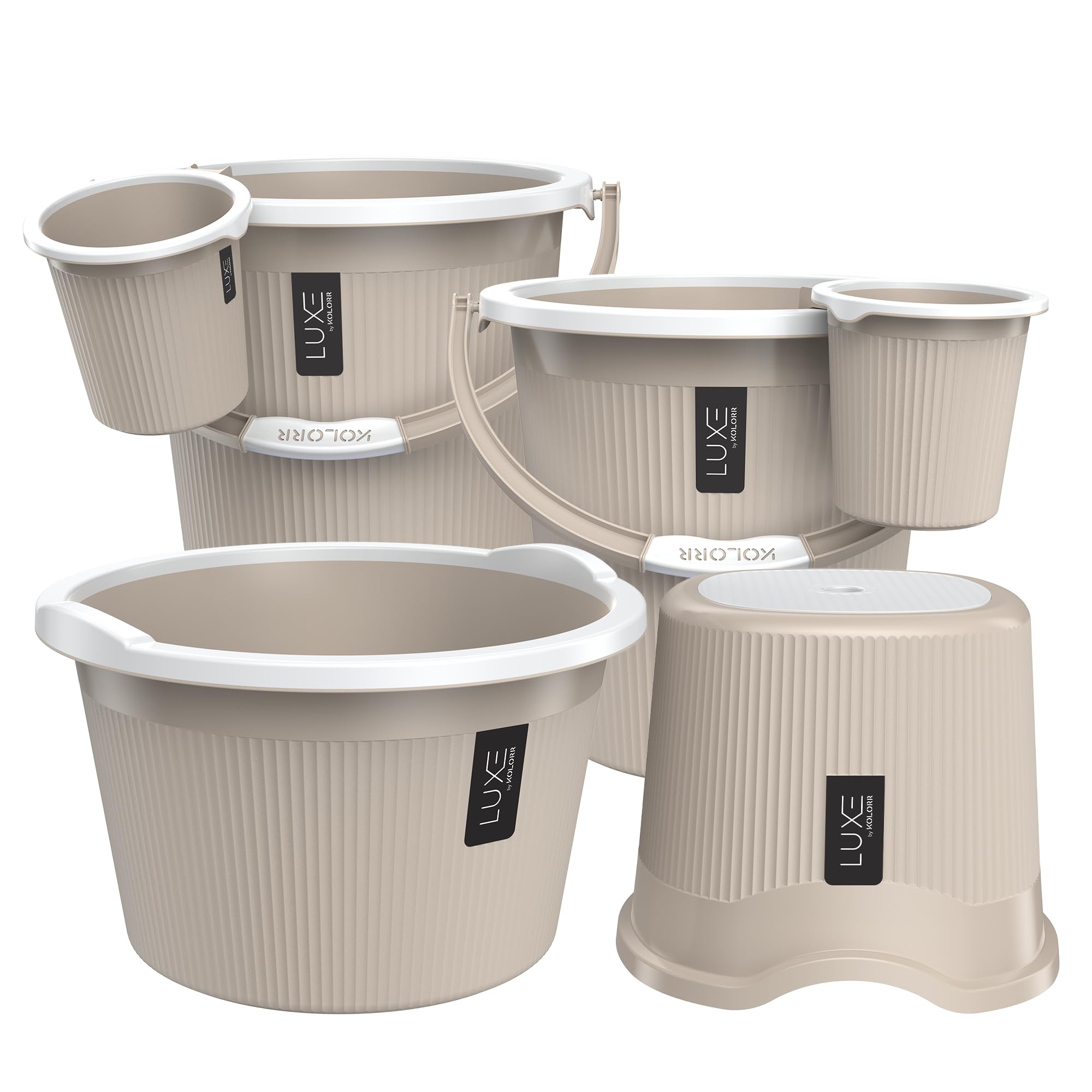 Kolorr Luxe Bathroom Set (Bucket 20L X 2) + (Mug 1.5L X 2) + (Luxe Patla X 1) + (20L Tub X 1)|Sturdy And Durable |Lightweight| E