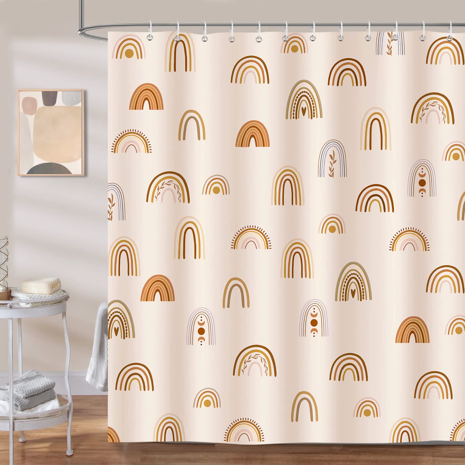 Bonhause Boho Rainbow Shower Curtain 72 x 72 Inch Mid Century Abstract Minimalist Kids Decorative Bath Curtain Polyester Fabric Waterproof Bathroom Curtain with 12 Hooks
