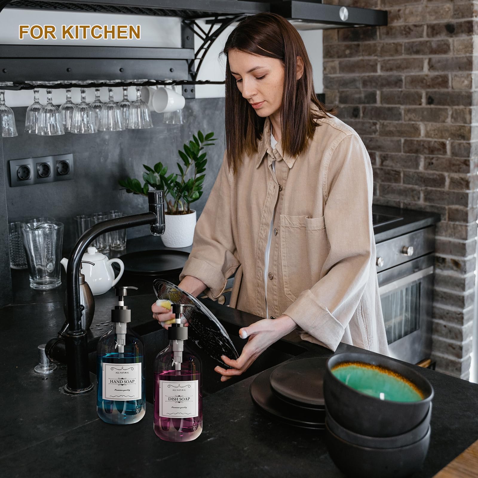 2Pcs Amber Dish Soap Dispenser For Kitchen (16 Oz), Brown Hand Soap Dispenser For Bathroom, Plastic Soap And Liquid Dispenser Se