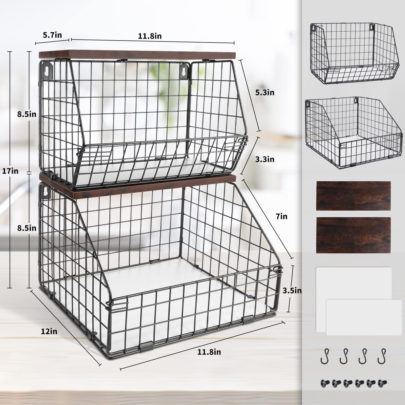 Mefirt Fruit Basket, Stackable Wall Mounted Fruit Baskets, Potato Basket Onion Storage For Kitchen, Hanging Wire Basket With Woo