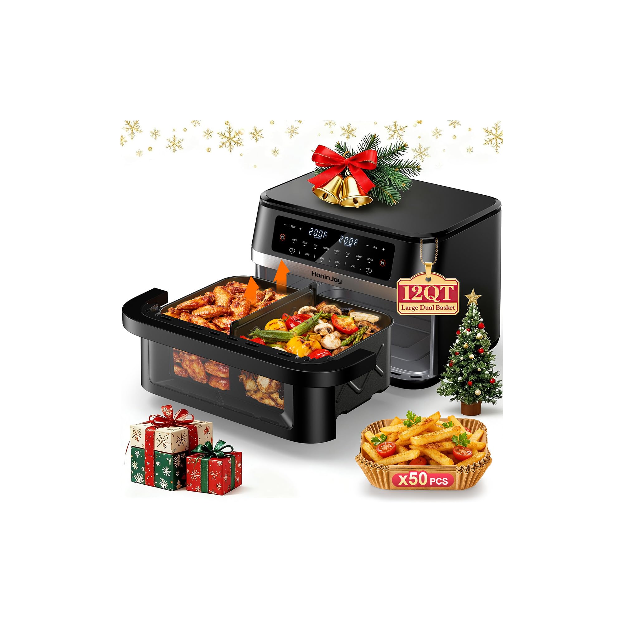 HoninJoy 12QT Large Dual Basket Air Fryer with Flex Basket, Viewing Window and 50PCS Paper Liners, 12-in-1 Family Size with Sync
