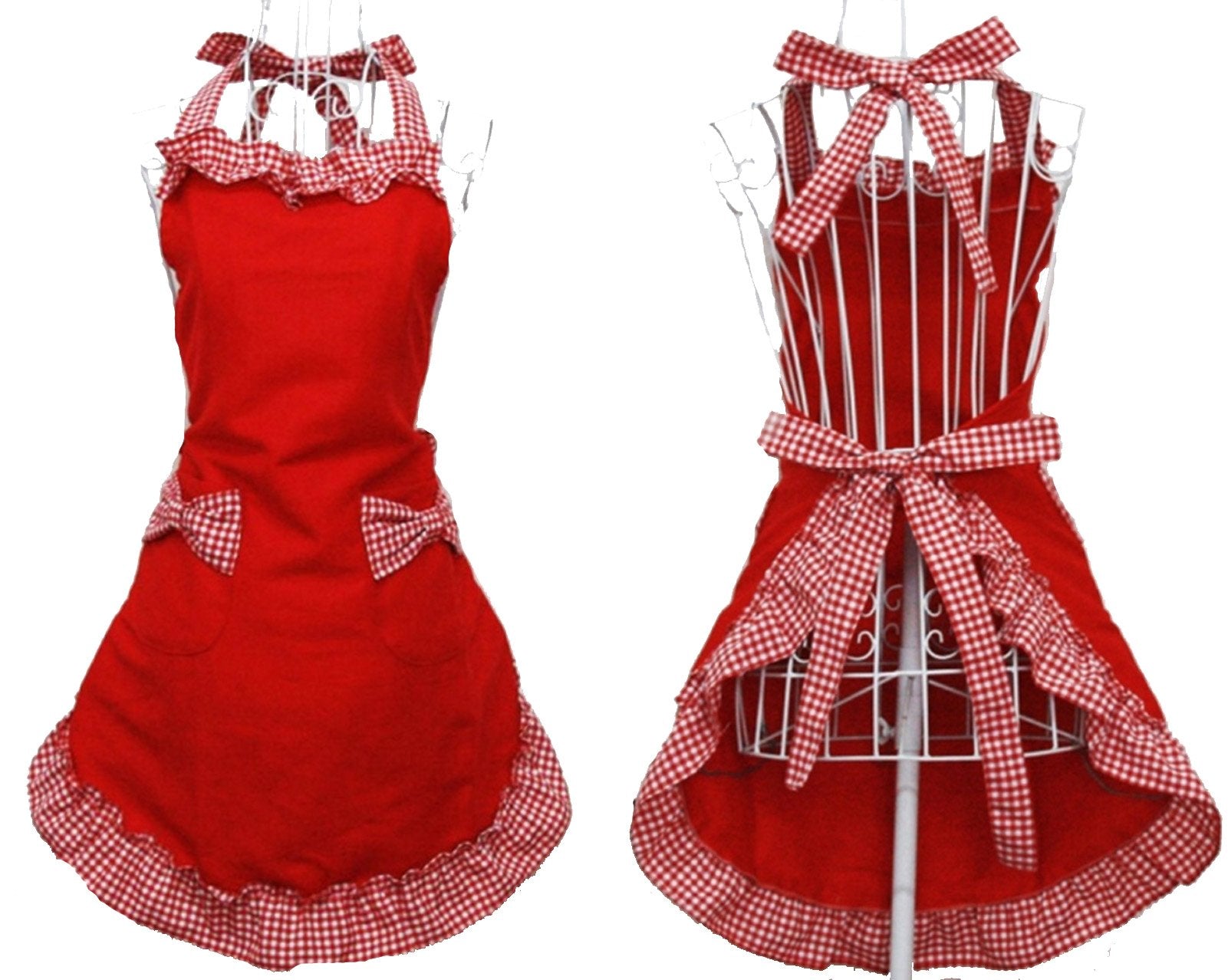 Hyzrz Cotton Red Apron for Women & Girls, Vintage Style with Pockets, One Size, Model Apron-Women-003
