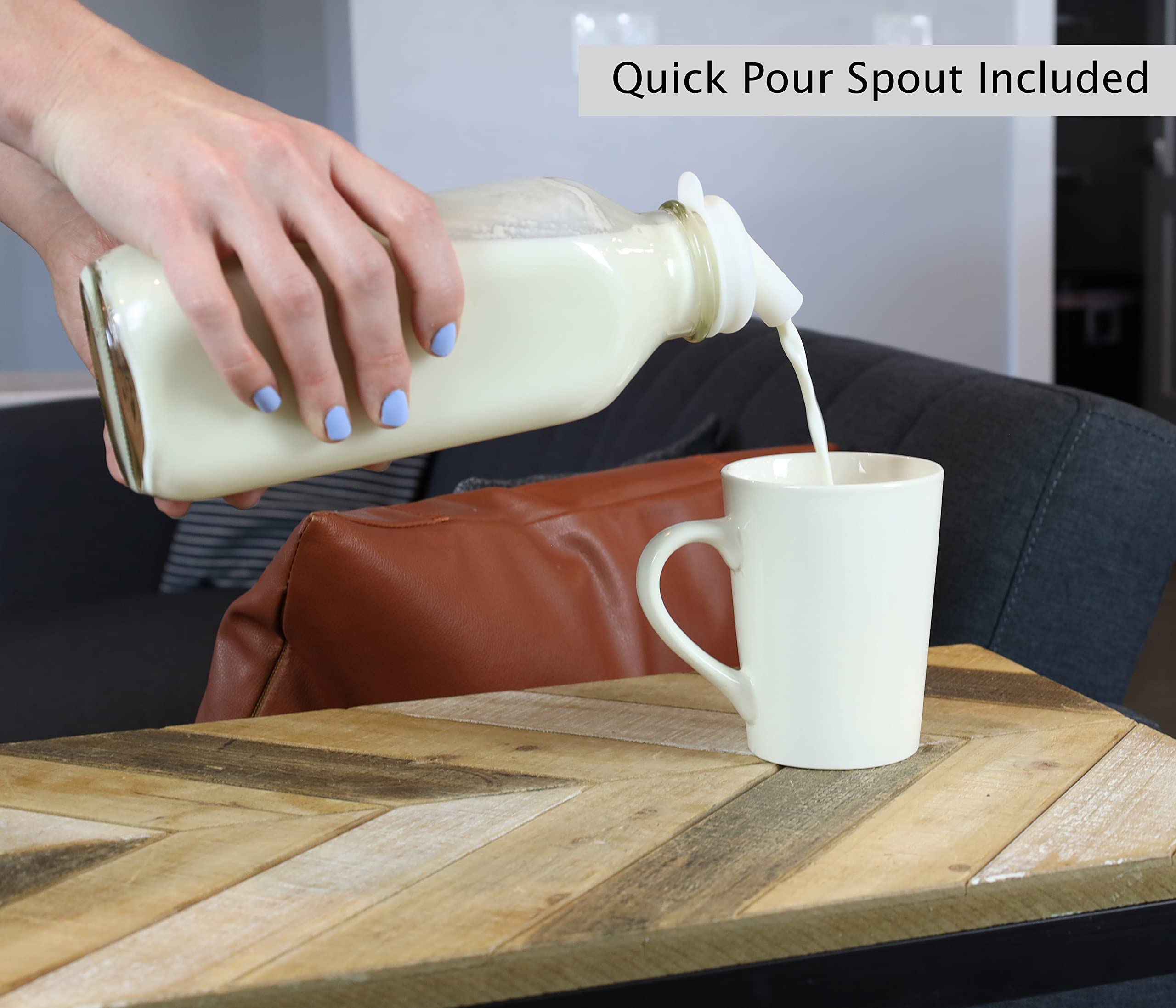 The Dairy Shoppe 1 Ltr. (33.8 Oz.) Glass Milk Bottle Vintage Style With Cap & New Silicone Pour Spouts! (2 Pack)
