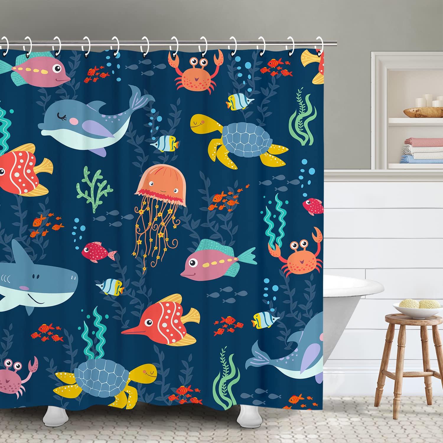 Rosielily Kids Shower Curtain For Bathroom,Cartoon Sea Ocean Animal Shower Curtain With Dolphin, Ocean Fish Shower Curtains Set