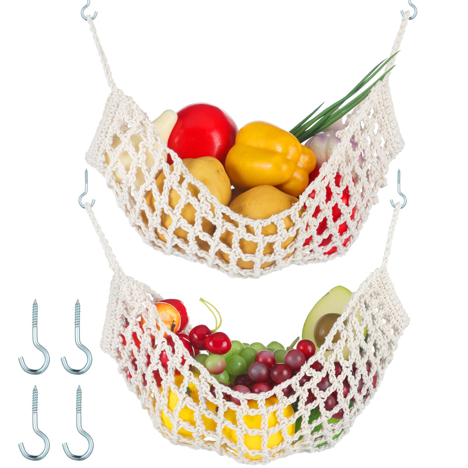 2 Pcs 11.8 X 20 Inch Macrame Fruit Hammock For Kitchen Under Cabinet Hanging Fruit Baskets Handwoven Cotton Veggie Decorative Fr