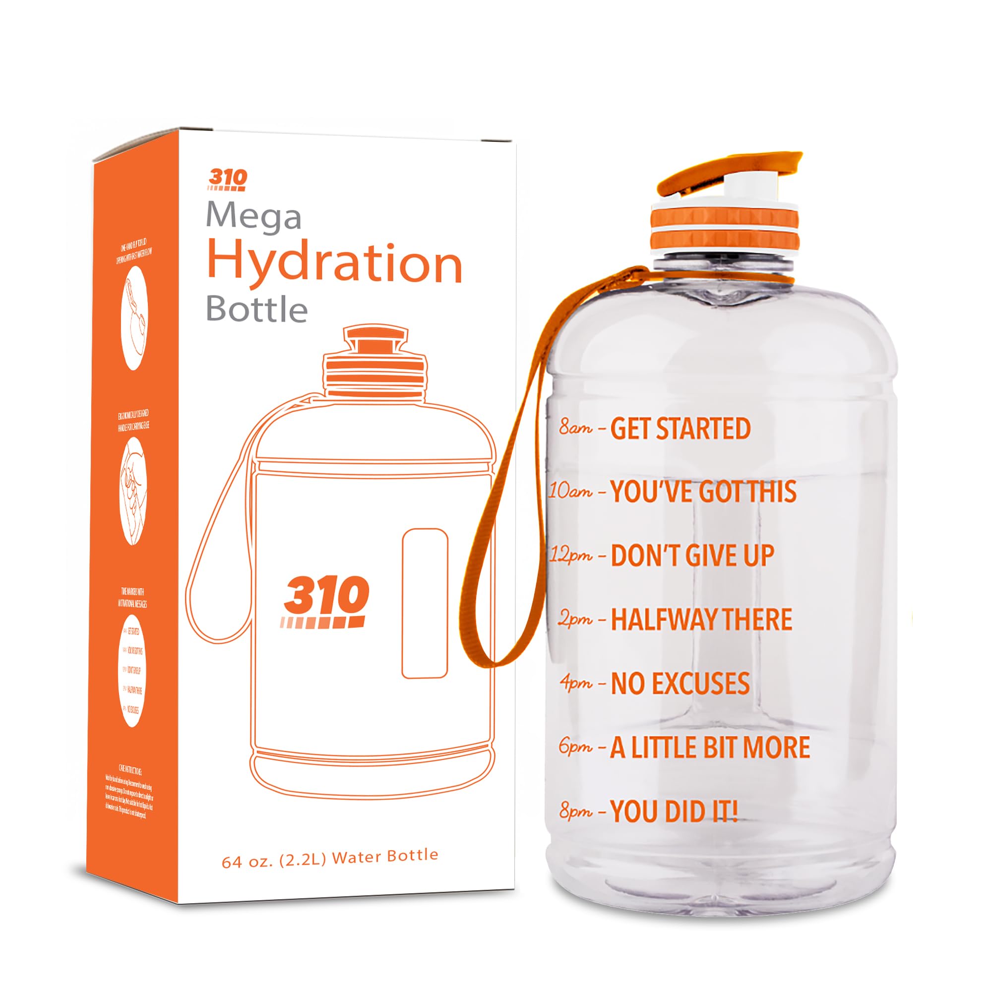 310 Nutrition Mega Hydration Bottle 64oz with Time Markers  Clear/Orange