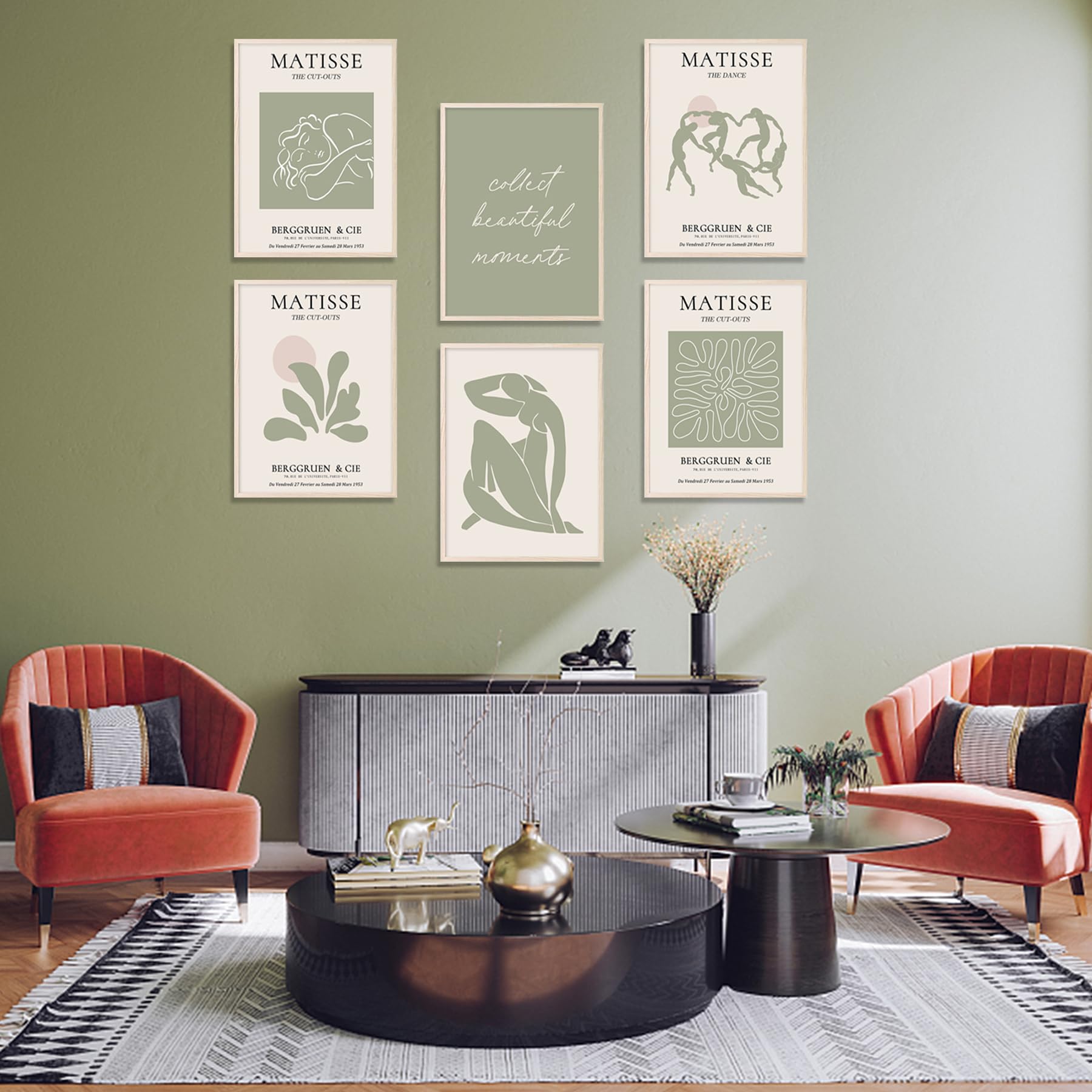 Sage Green Matisse Wall Art Prints Posters,6Pcs Abstract Matisse Canvas Wall Art, Minimalist Women'S Body Line Leaf Sage Green B