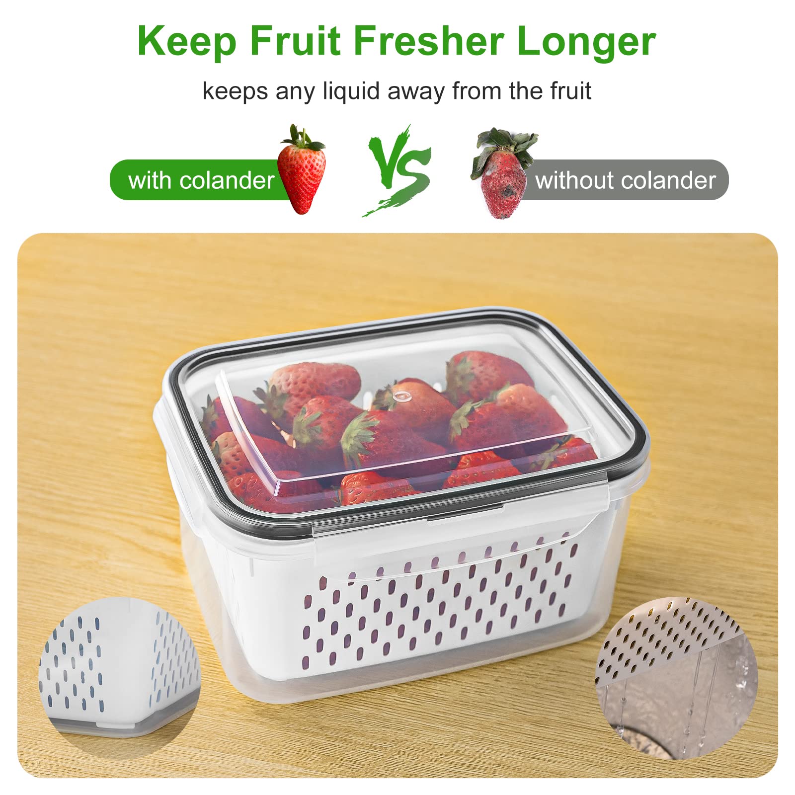 5 PCS Large Fruit Containers for Fridge - Leakproof Food Storage Containers with Removable Colander - Dishwasher & microwave safe Produce Containers Keep Fruits  Vegetables  Berry  Meat Fresh longer