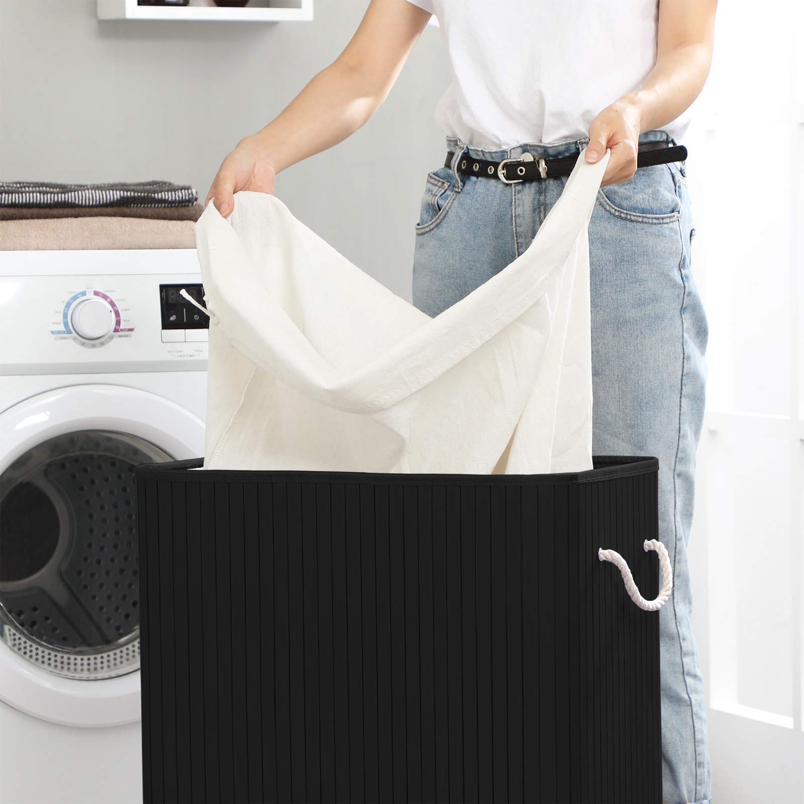 Songmics Laundry Hamper, 21.99 Gallons (100L), 2-Section Laundry Basket, Laundry Hamper With Lid, Bamboo, Foldable, Removable An