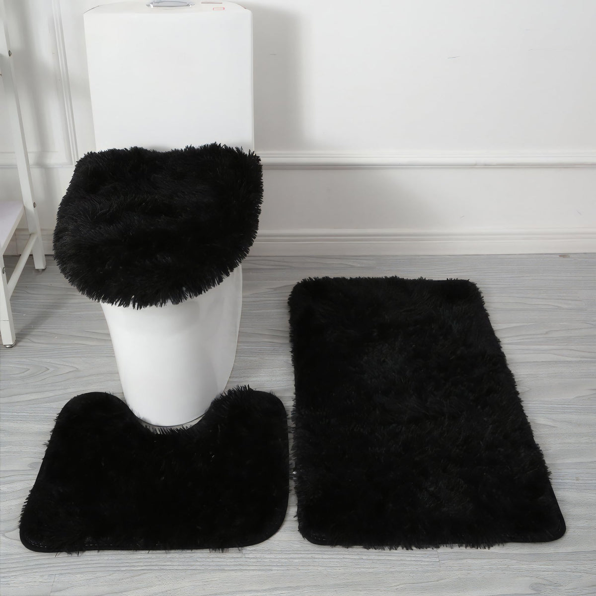 Eanpet Shaggy Bathroom Rugs Sets 3Piece Black Bath Mat For Bathroom Non-Slip Bathroom Mats Water Absorbent Bath Rug Floor Mats S
