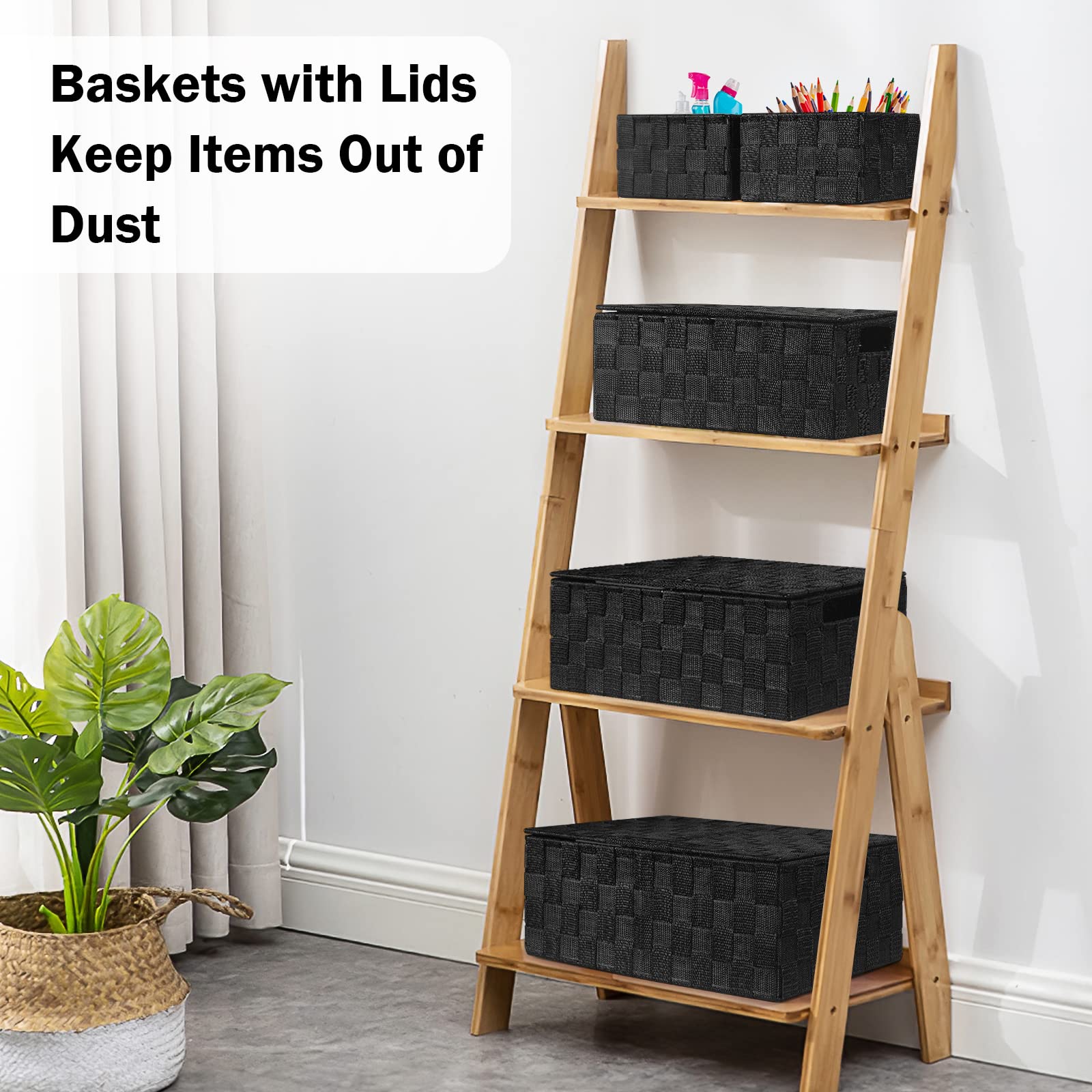 Uvellgift Storage Bins with Lids  Woven Storage Box Organizer Containers Decorative Baskets Cube for Clothes Bedroom Closet Office (5 Pack  Black)