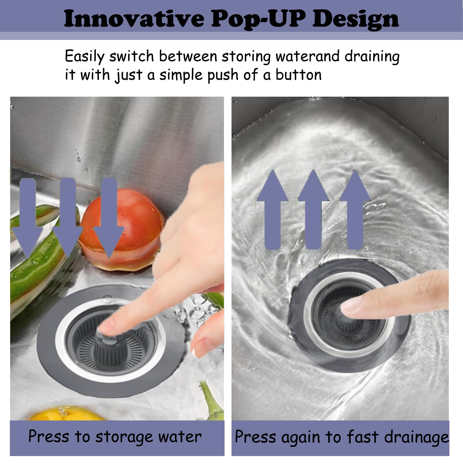 2 Pack Upgraded 3 In 1 Kitchen Sink Drain Strainer And Stopper, Stainless Steel Sink Bounce Core Drain Strainer, Pop Up Anti-Clo