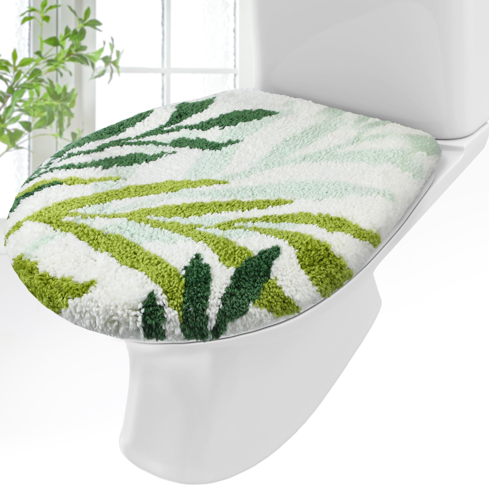 Mindsoft Green Leaves Toilet Seat Covers Bathroom Toilet Lid Cover Soft Microfiber 17.5 x 15 Plush Tufted, Machine Washable,