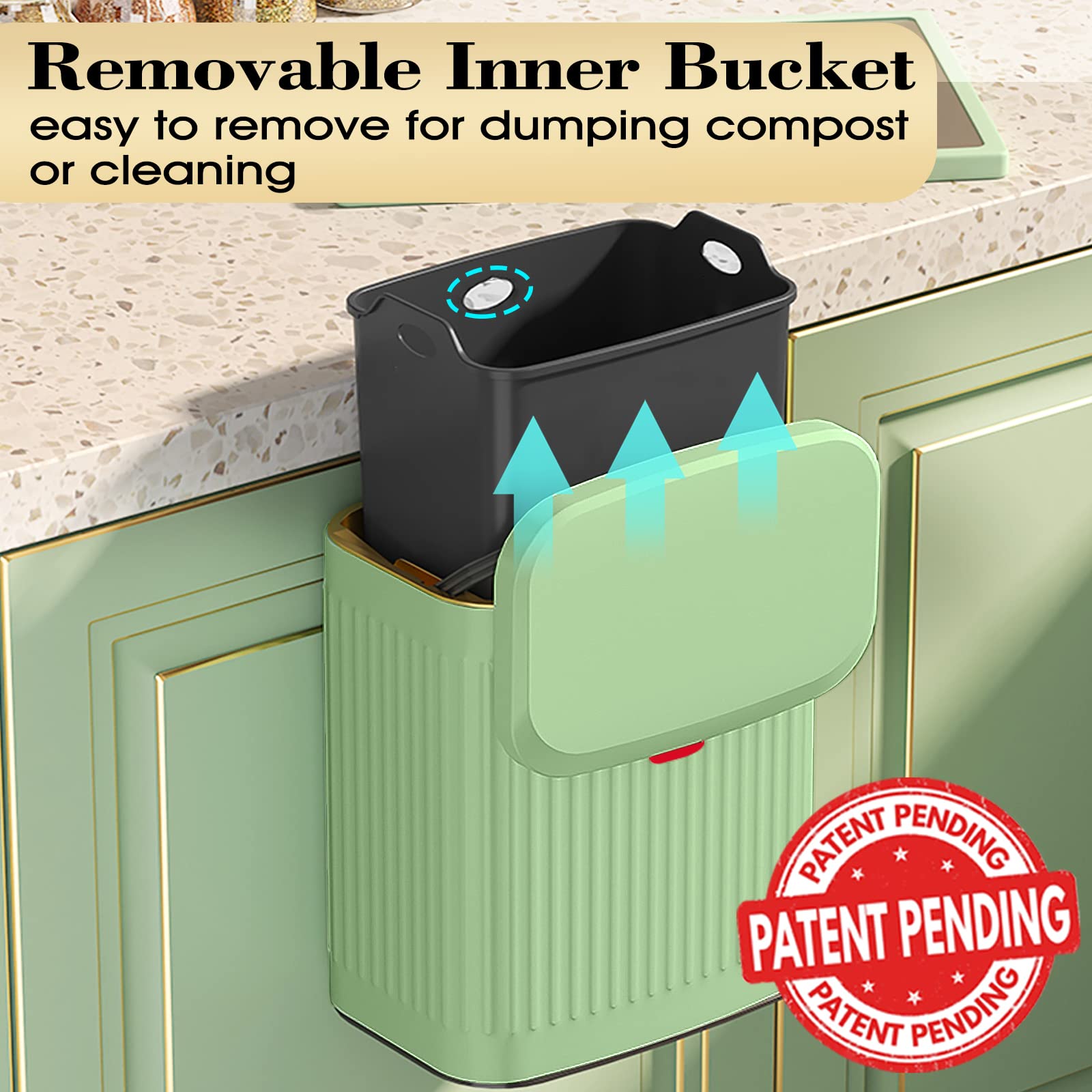 GloDeals Kitchen Trash Can with Lid  2 in 1 Small Garbage Can Compost Bin Countertop  Wall-Mounted Under Sink Indoor Trash Bin for Kitchen  Bathroom  Cabinet Trash Can Hanging (Vintage Green/2.1Gal)