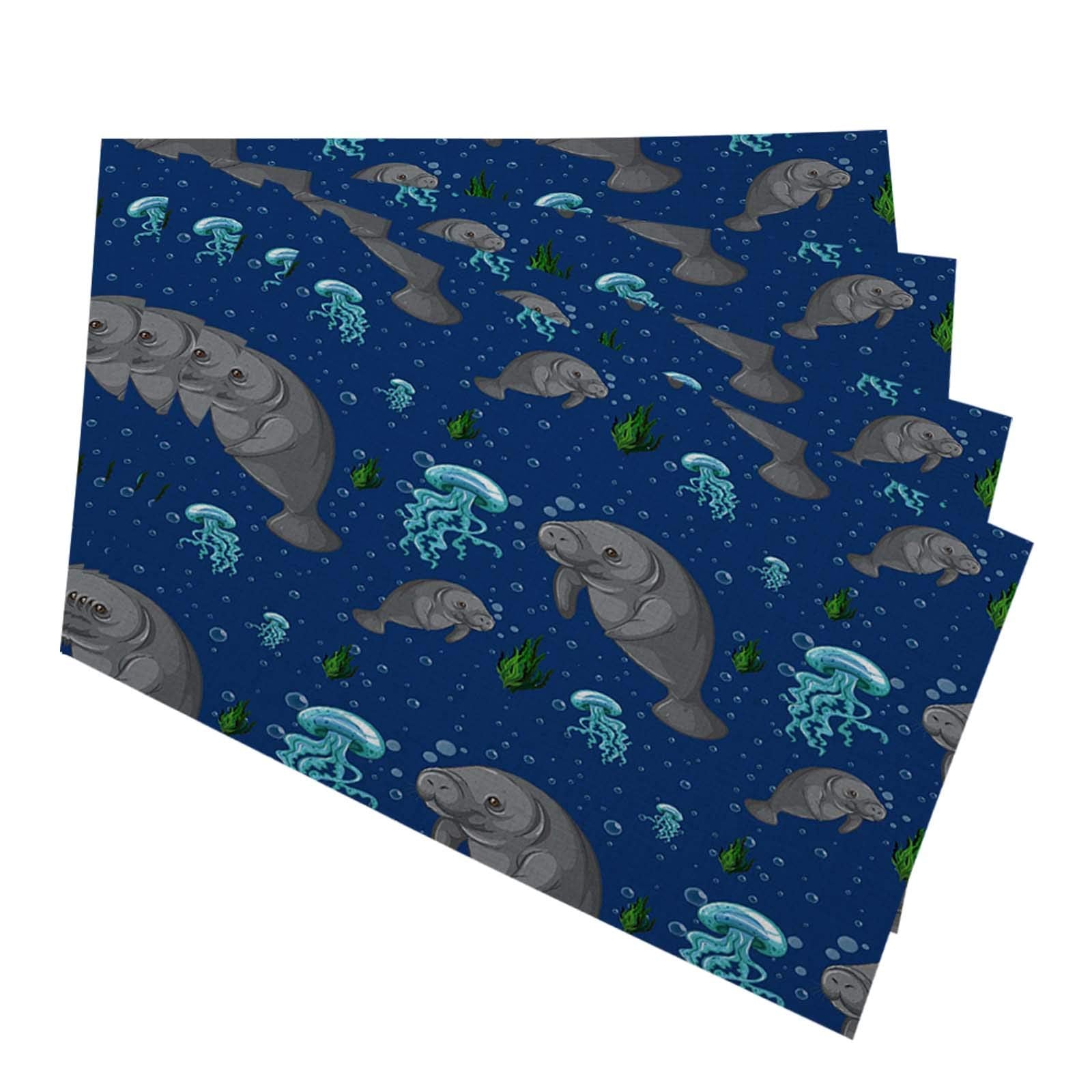 Hosnye Manatee Placemats For Kitchen Dining Table Set Of 4 Seamless Background With Tropical Sea Wildlife Manatee Underwater Lin