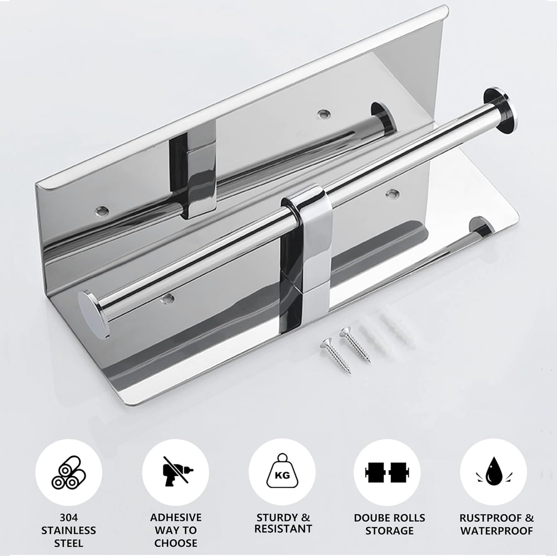 YEAVS Double Toilet Paper Holder-SUS 304 Stainless Steel Tissue Roll Rack with Phone Storage Shelf (Polished Chrome)