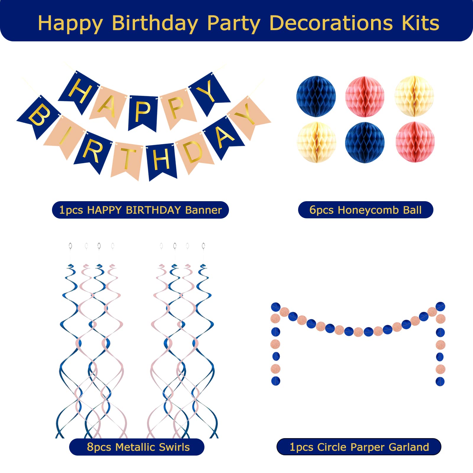Navy Rose Gold Birthday Decorations With Happy Birthday Banner, Honeycomb Balls, Metallic Hanging Swirls And Circle Parper Garla