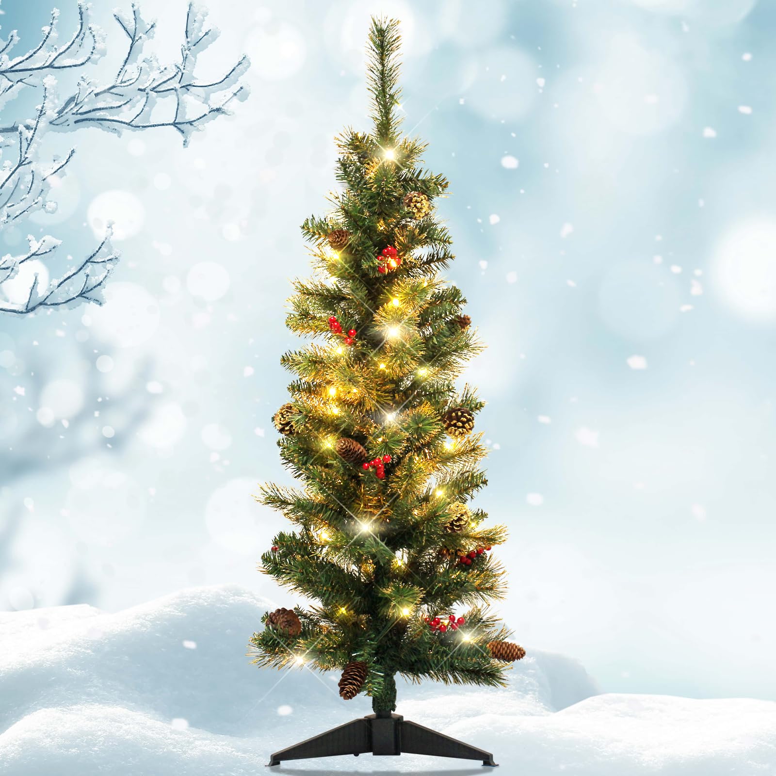 4FT Christmas Tree with Pine Cones and Red Berries,Pop up Green Christmas Tree with Lights,Lighted-up Mini Tree with Pine Cones