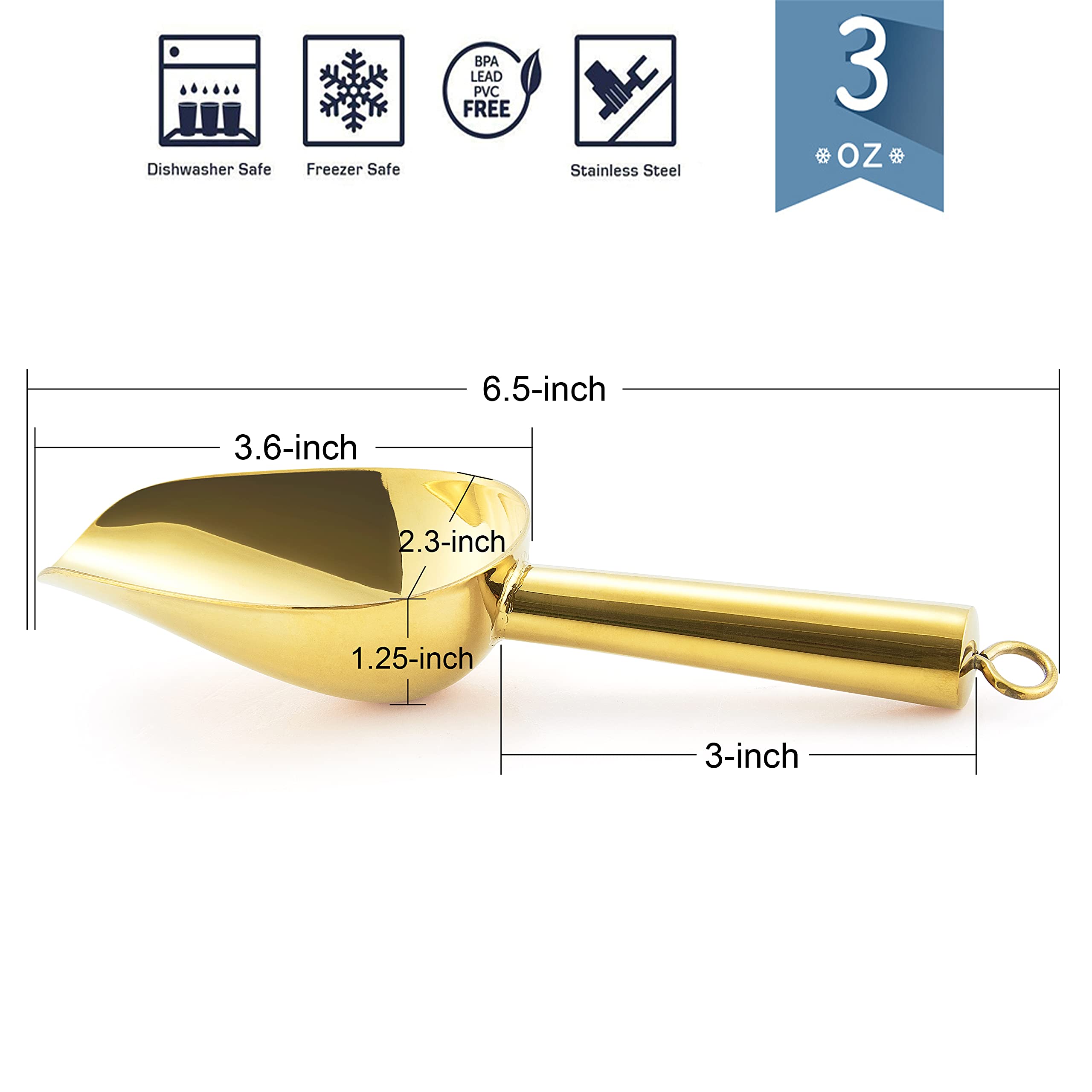 Mini Ice Scoop Set Of 4, E-Far 3 Ounce Gold Stainless Steel Scoops For Candy/Flour/Sugar, Small Metal Scoops For Party/Canisters