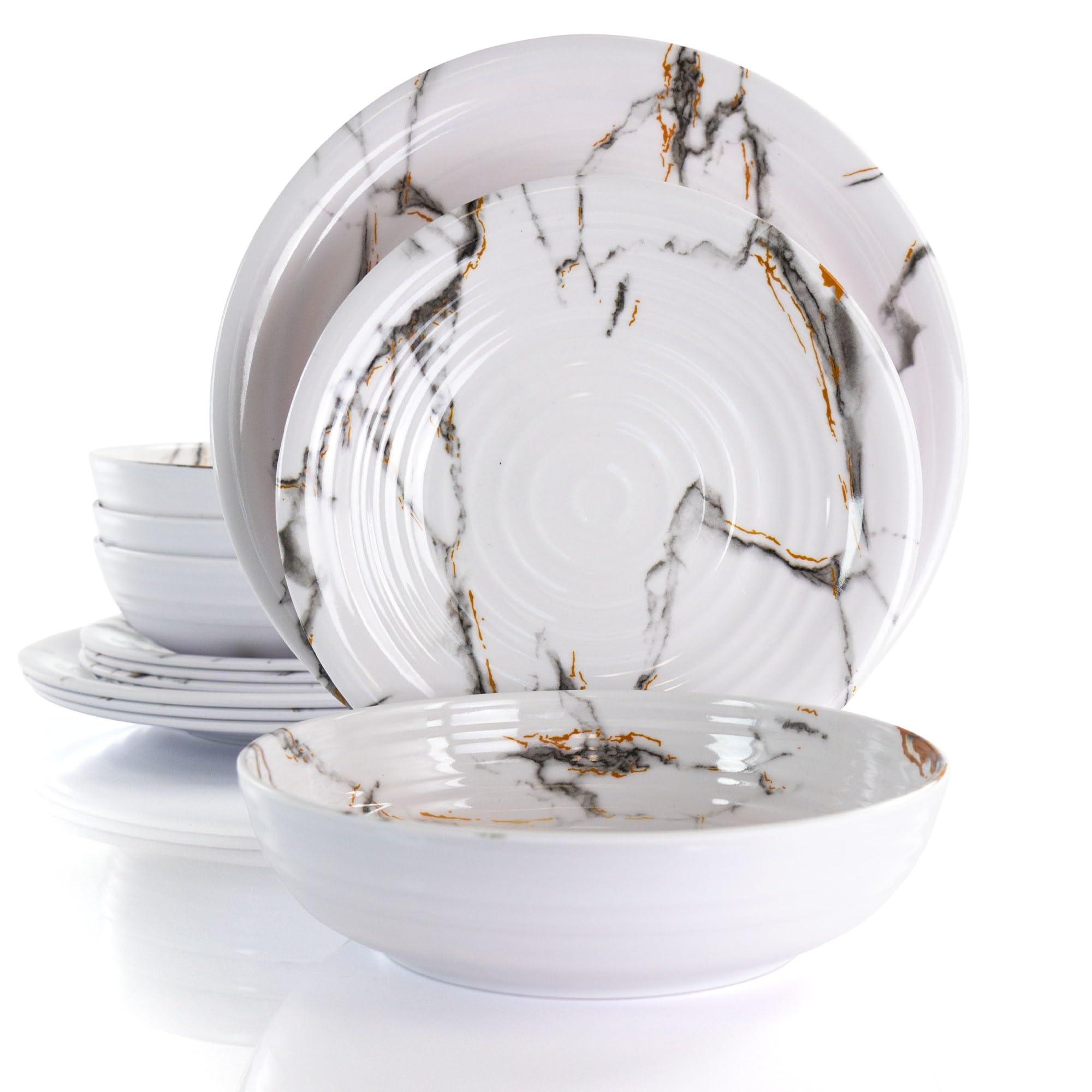 Elama Lightweight Dinnerware Set, 12 Piece, White Marble