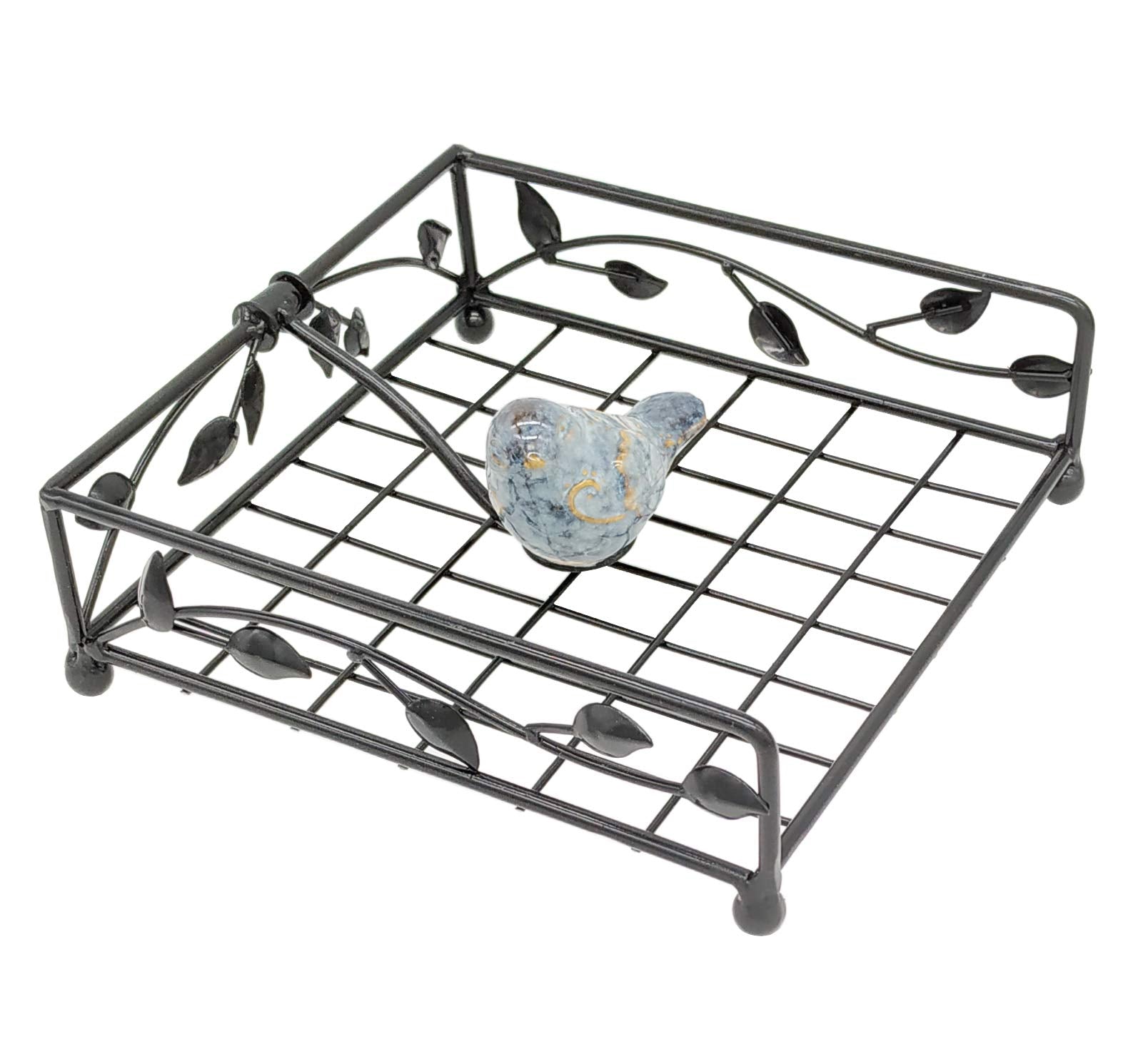 OwlGift Collection Black Coated Metal Flat Napkin Holder Dispensing Stand w/Ceramic Bird  Kitchen and Countertop Flat Napkin Storage Organizer