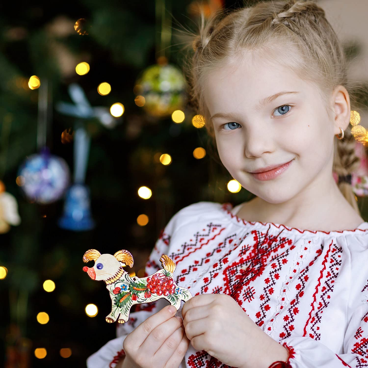 Dog Hanging Ornament For Christmas Tree 3.9 x 3 x 0.2 inches Handcrafted with Floral Patterns of Ukrainian Petrykivka Painting -