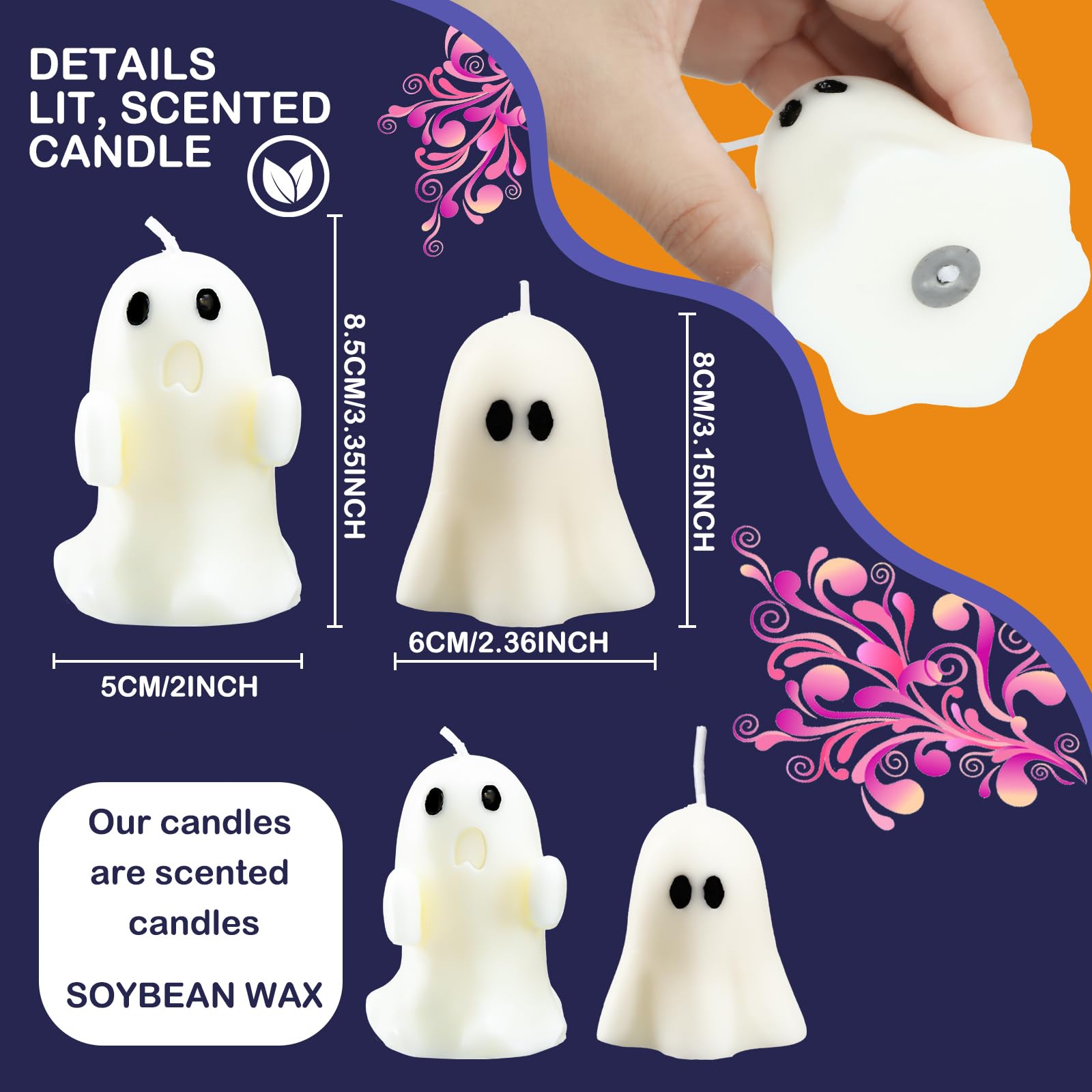 Minatee 4 Pieces Large Halloween Ghost Candles Cute Spooky Fall Decor Burning White Scented Wax Candles Gifts for Boo Basket Stu