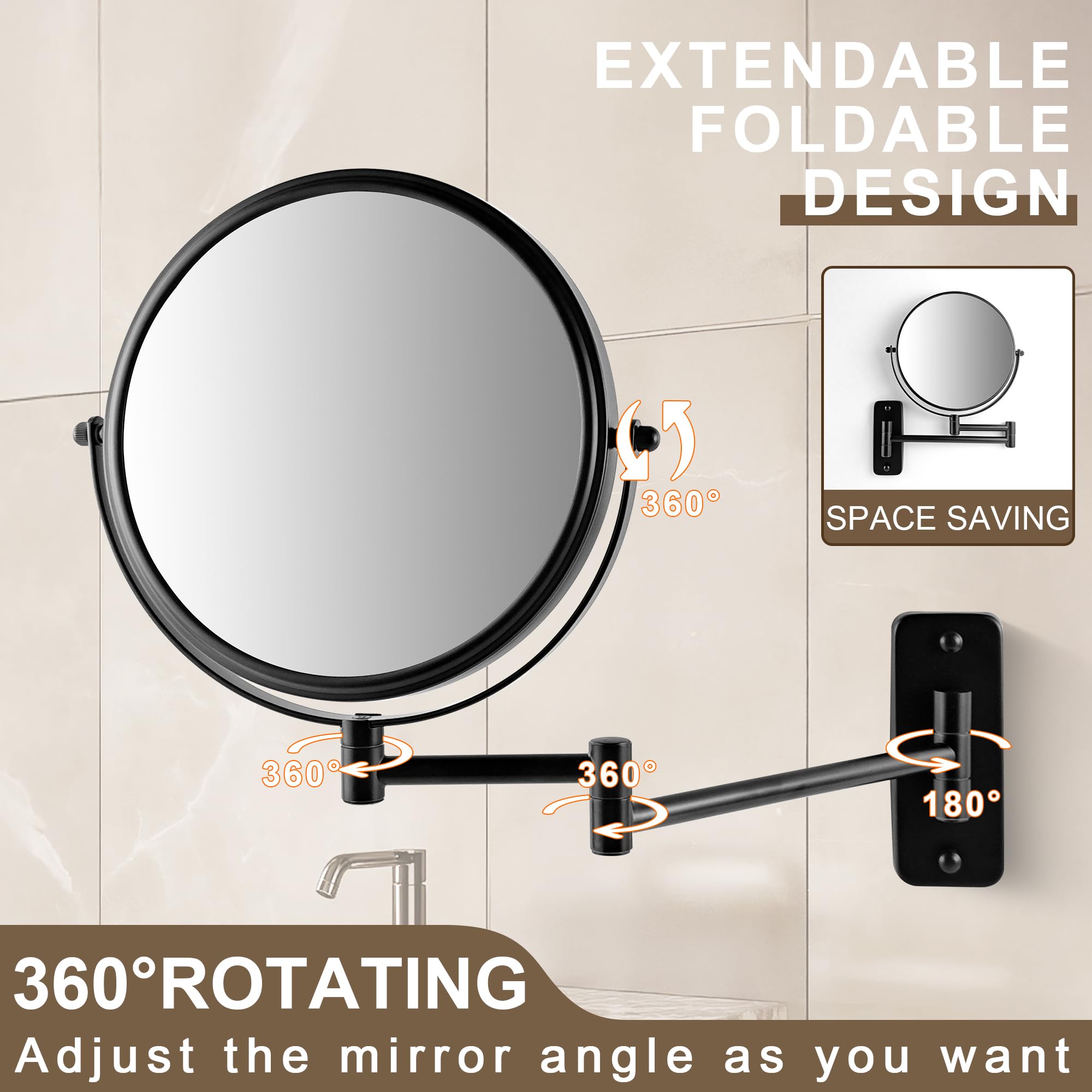 Janeeva 8'' Wall Mounted Makeup Mirror, 1X/10X Magnifying Mirror With 360 Extendable Arm Mirror For Bathroom-Double Sided Vanity