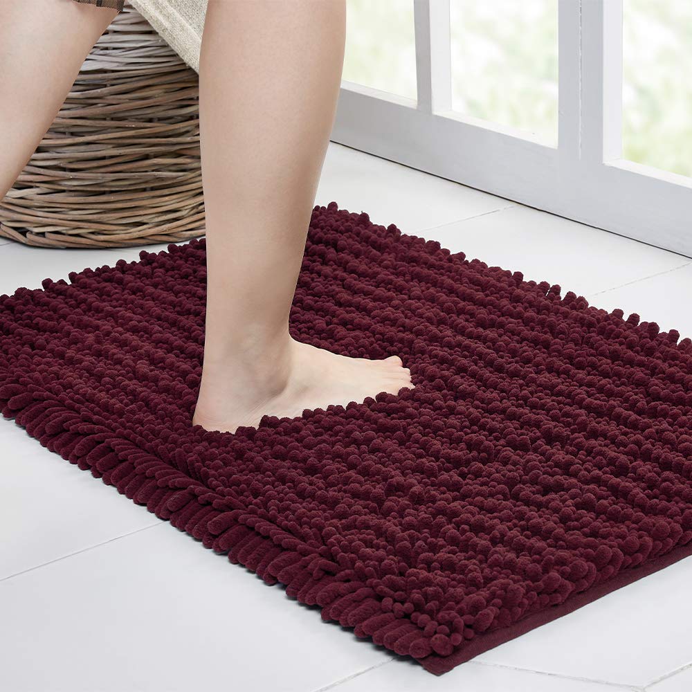 Walensee Bathroom Rug Non Slip Bath Mat (32X20 Inch Burgundy) Water Absorbent Super Soft Shaggy Chenille Machine Washable Dry Ex