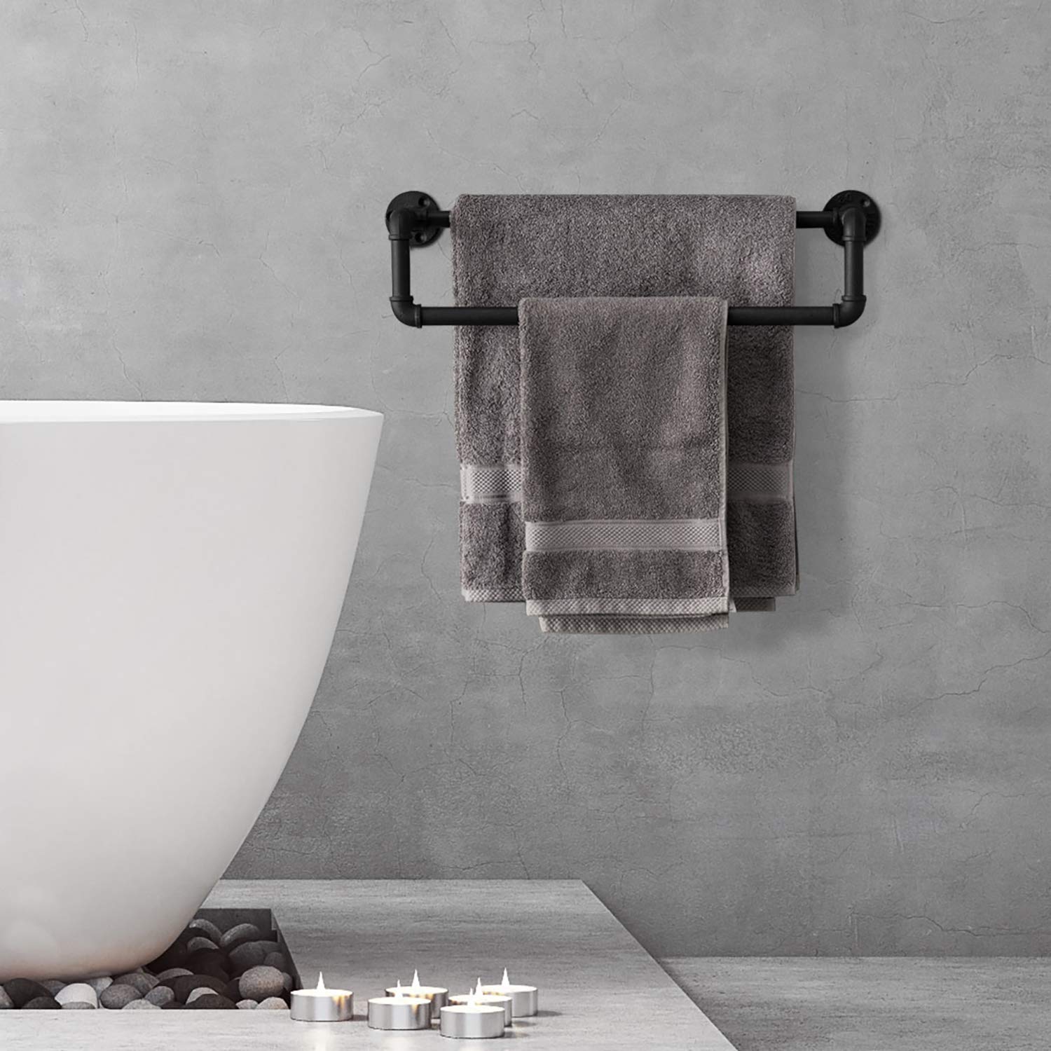 Mygift Industrial Metal Matte Black Towel Bar With Realistic Pipe Design, 2 Tier Wall Mount Bathroom Fixtures Bath Towel Rack