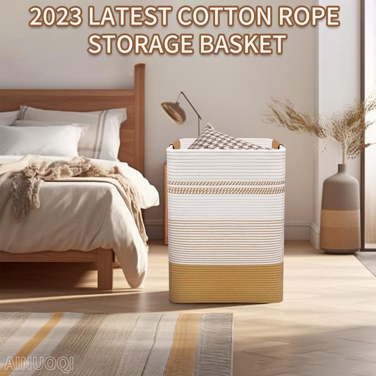 Ainuoqi Laundry Hamper - 85L Large Laundry Basket With Leather Handles, Decorative Storage Basket For Blankets - Cotton Rope Wov