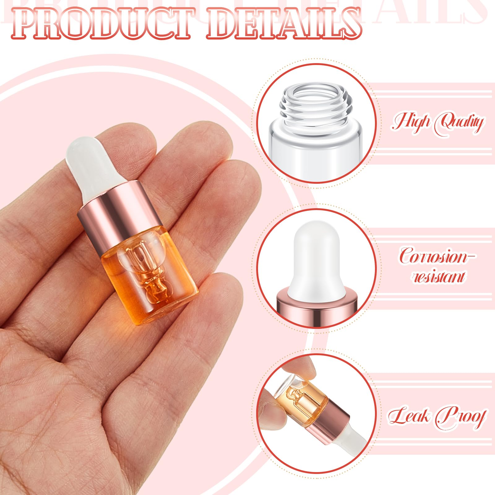 Didaey 100 Pcs Mini Glass Dropper Bottle Bulk, 2 Ml Rose Gold Clear Essential Oil Dropper Bottles Small Tincture Empty Bottles S