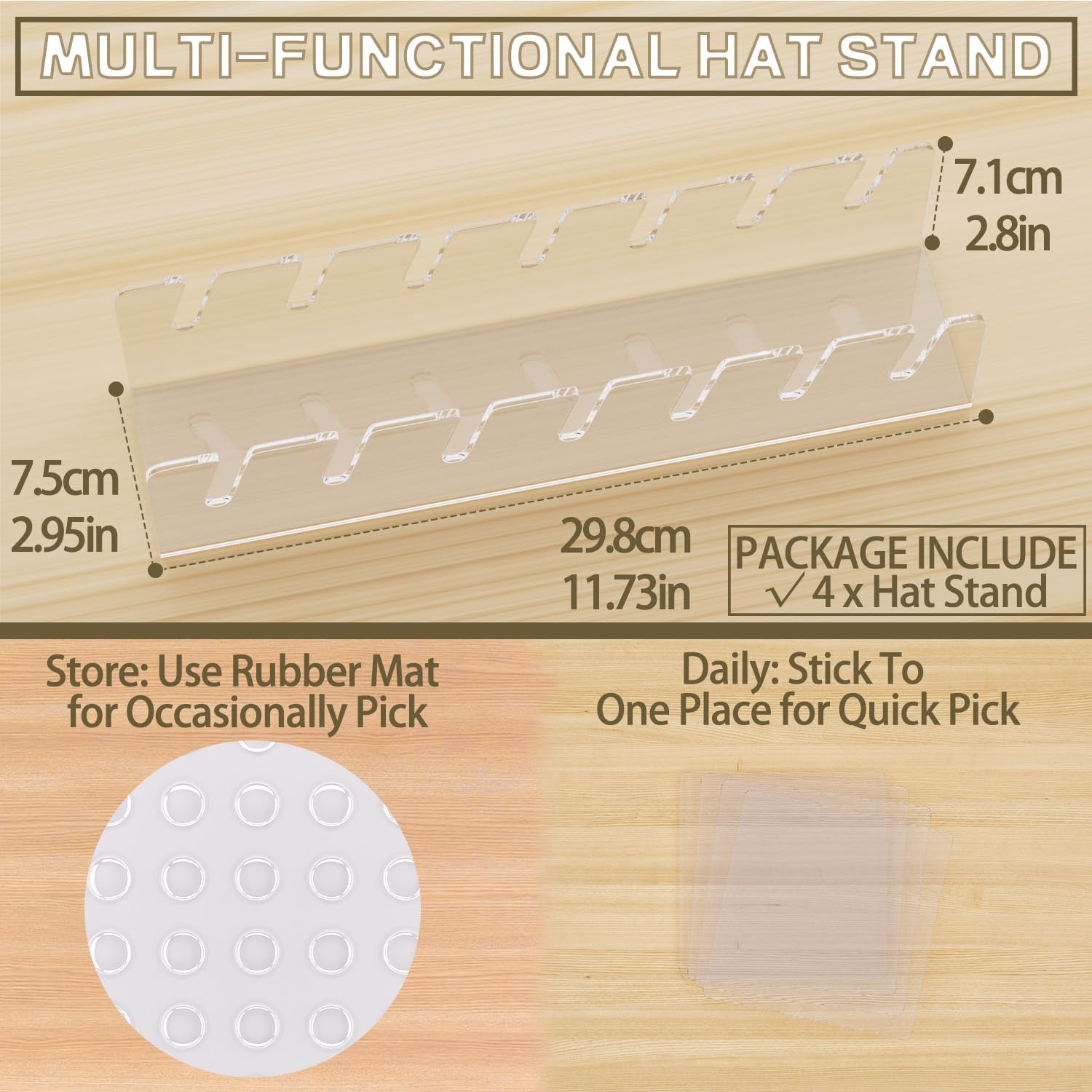 Actbio 4 Pcs Hat Stand For Baseball Caps, No Install Acrylic Hat Organizer For 28 Baseball Caps, Hat Holder Hat Storage Hat Disp