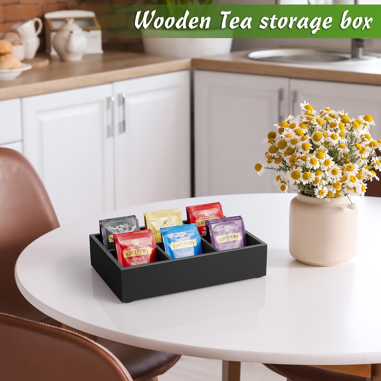 Drastar Tea Bag Organizer, Tea Bag Drawer Organizer, Wooden Tea Bag Holder, Tea Chest With 6 Compartments, Tea Organizer Storage