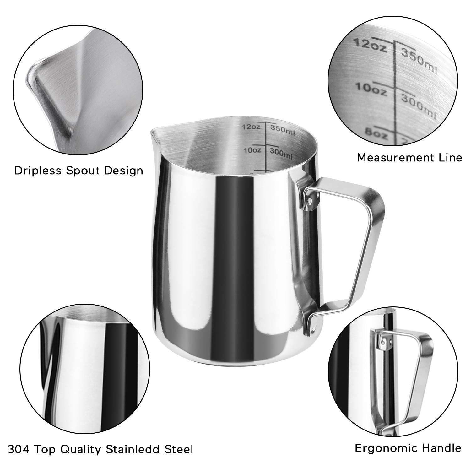 12Oz Milk Frothing Pitcher, Stainless Steel Espresso Latte Cup Steaming Pitcher Creamer Cup, Milk Frother Cup Espresso Machine A