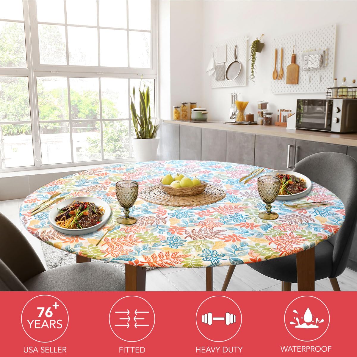 Covers For The Home Deluxe Elastic Edged Flannel Backed Vinyl Fitted Table Cover - Botanical Pattern -Extra Large Round Oblong O